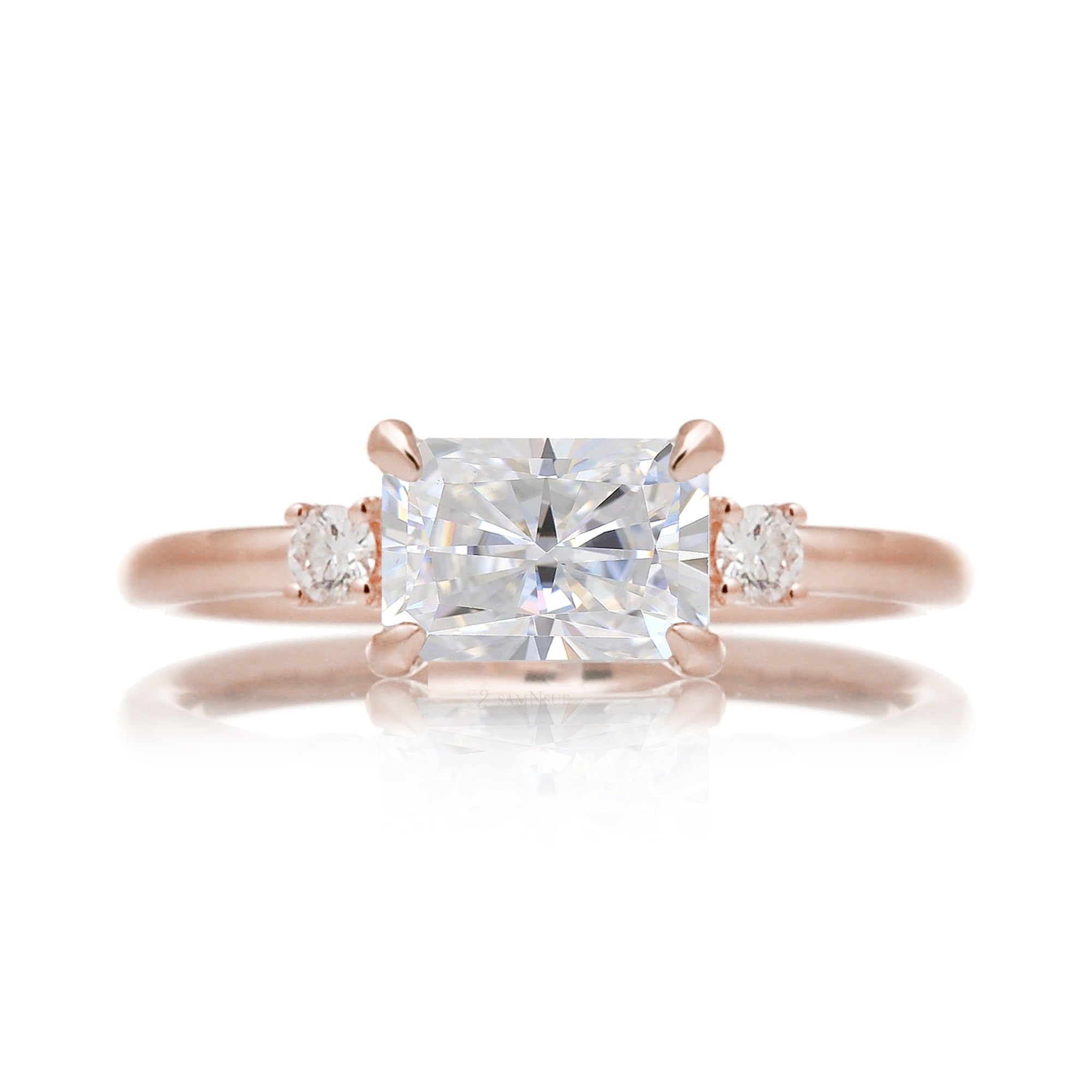 Radiant moissanite three stone east-west ring the Lena rose gold
