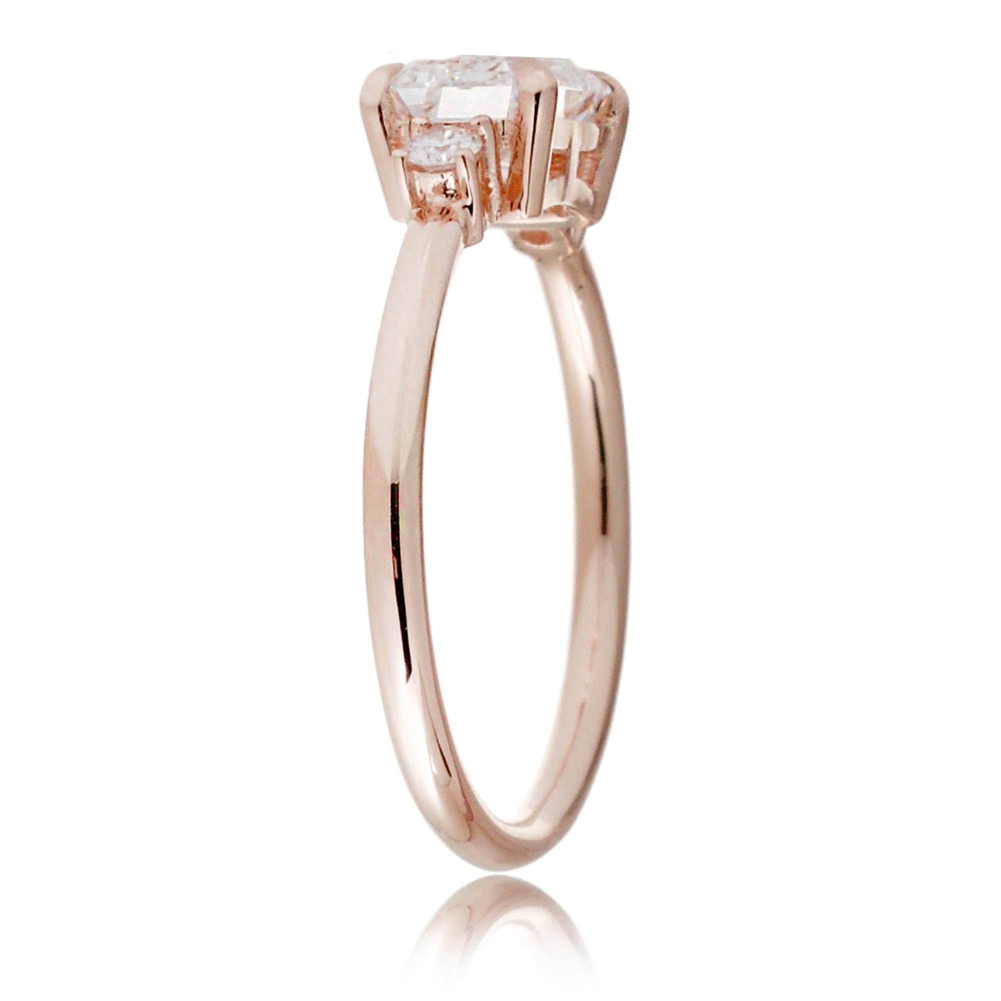 Radiant moissanite three stone east-west ring the Lena rose gold
