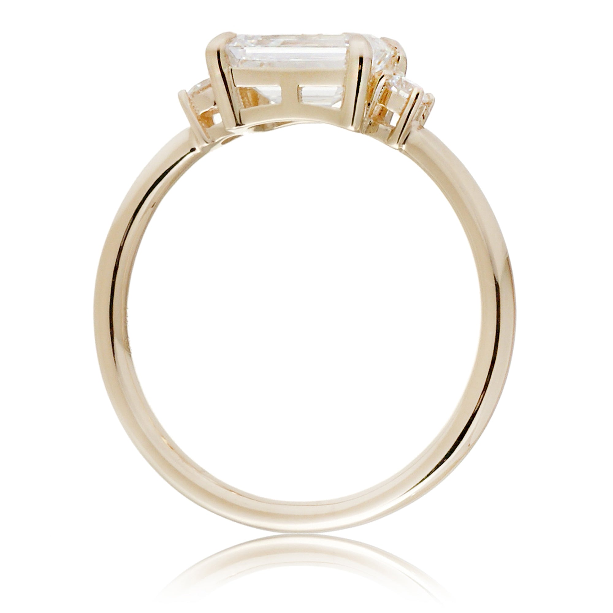 Radiant moissanite three stone east-west ring the Lena yellow gold