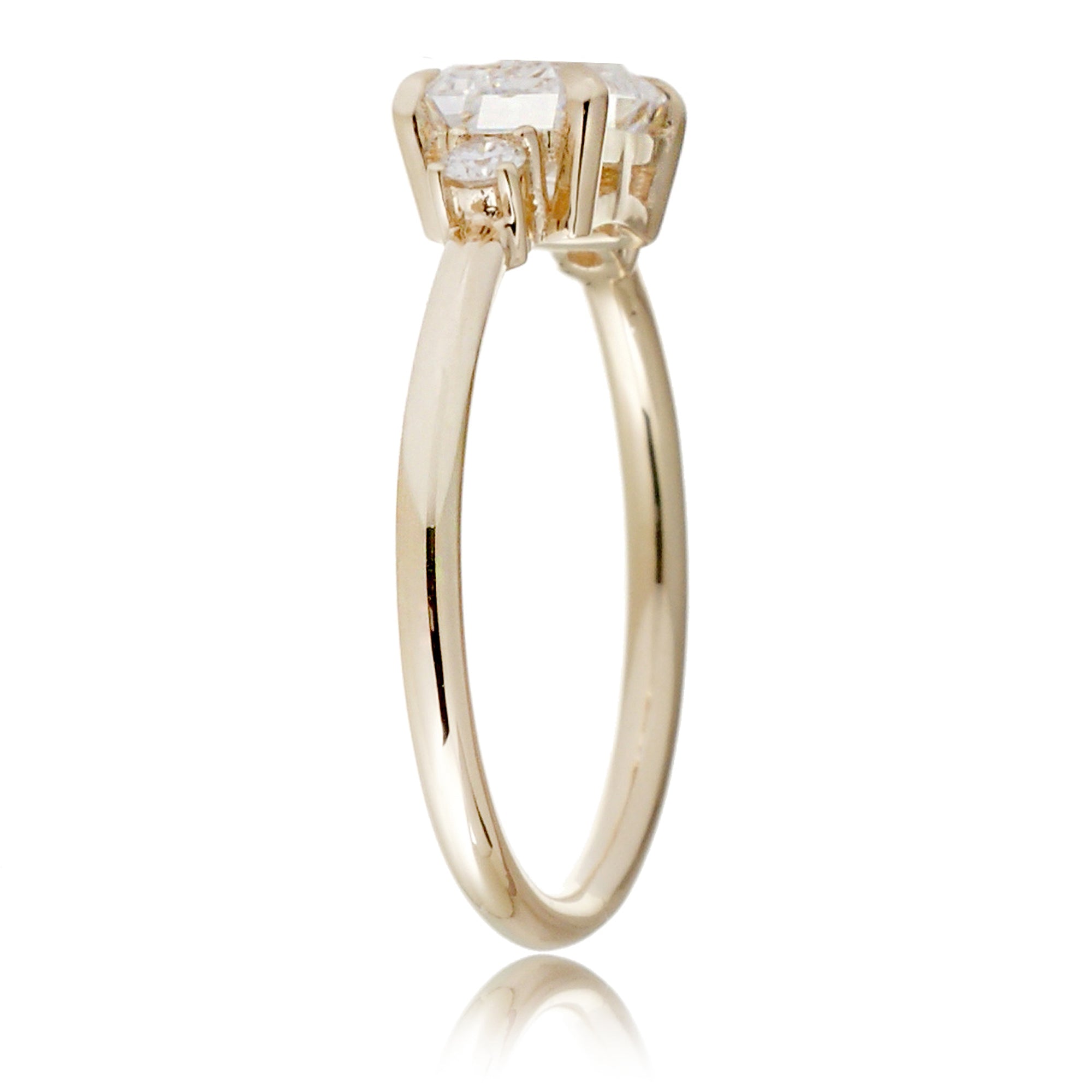 Radiant moissanite three stone east-west ring the Lena yellow gold