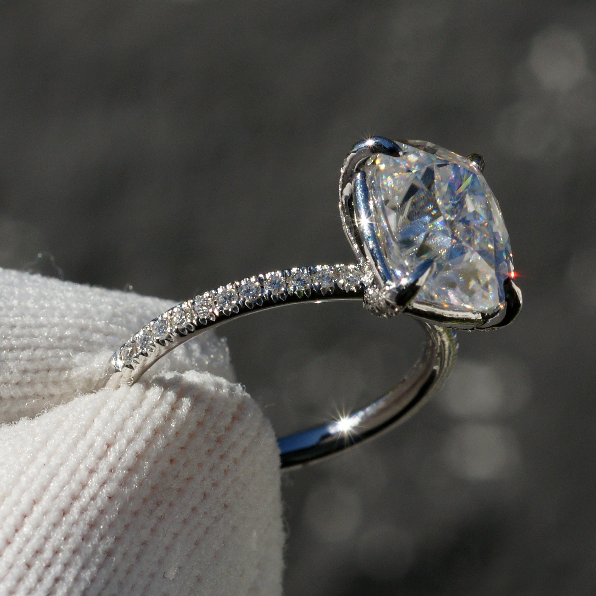 The Ava Cushion Moissanite Ring 10x8mm 18k White Gold (1.8mm band)