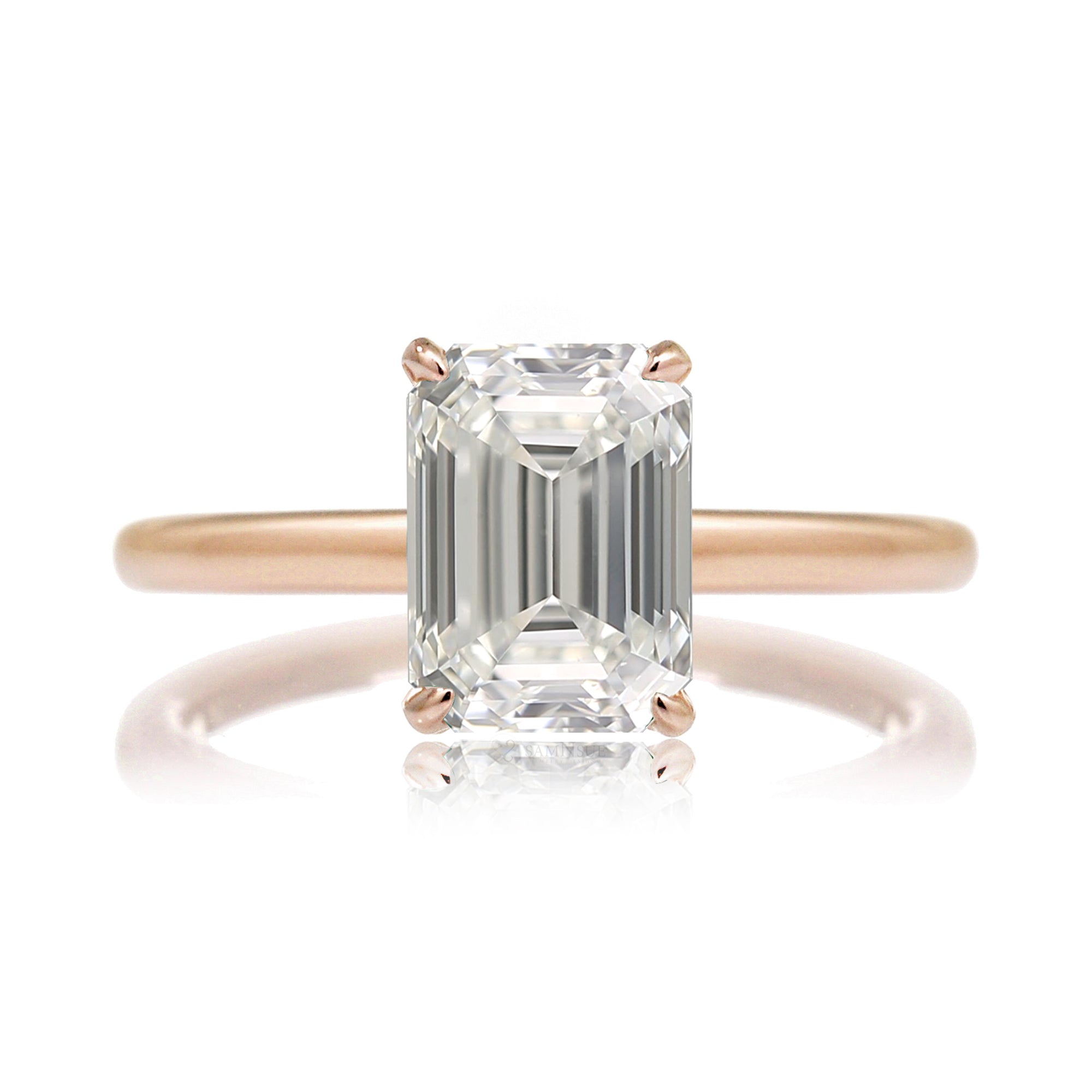 Emerald Step cut solitaire engagement ring diamond hidden halo solid band in rose gold