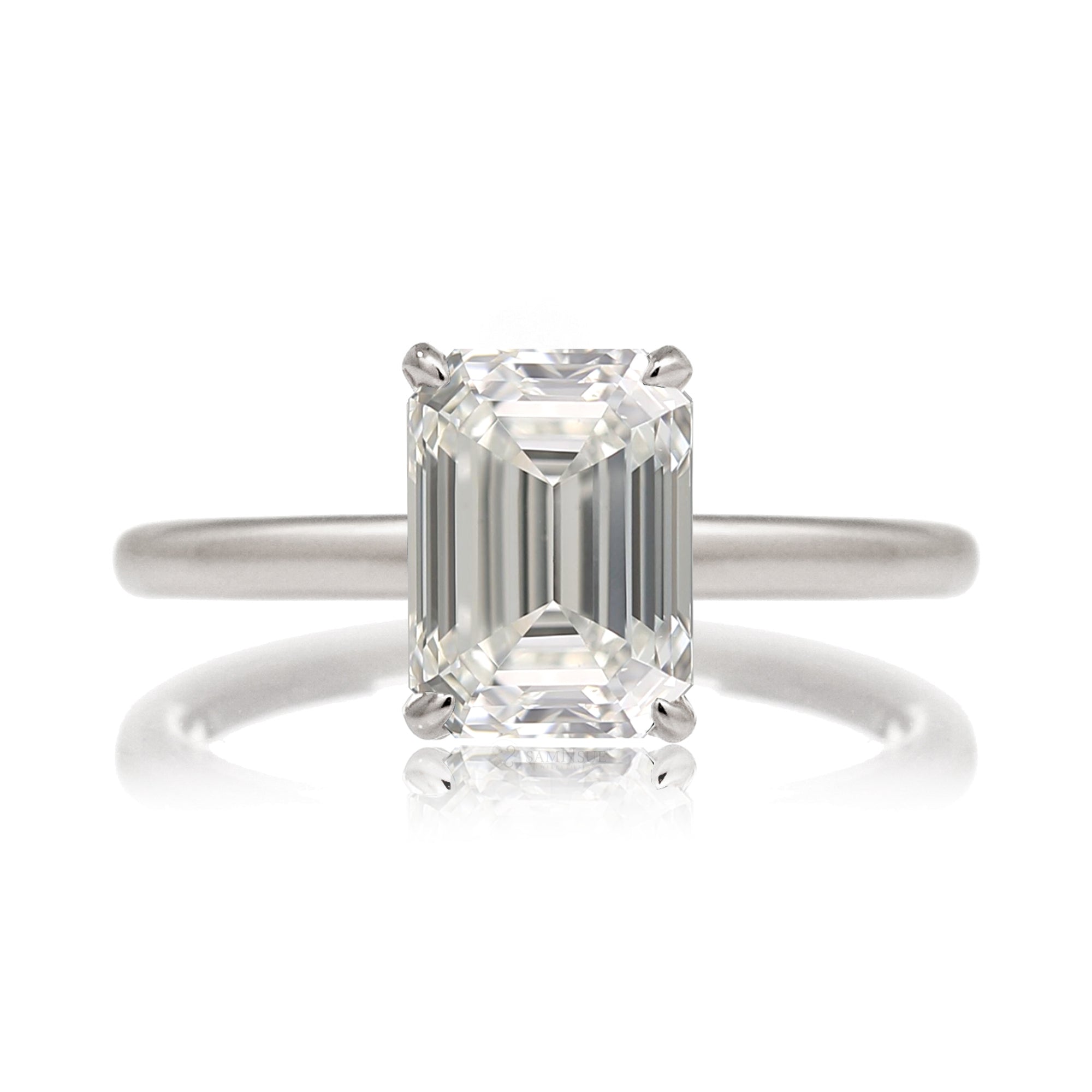 Emerald Step cut solitaire engagement ring diamond hidden halo solid band in white gold