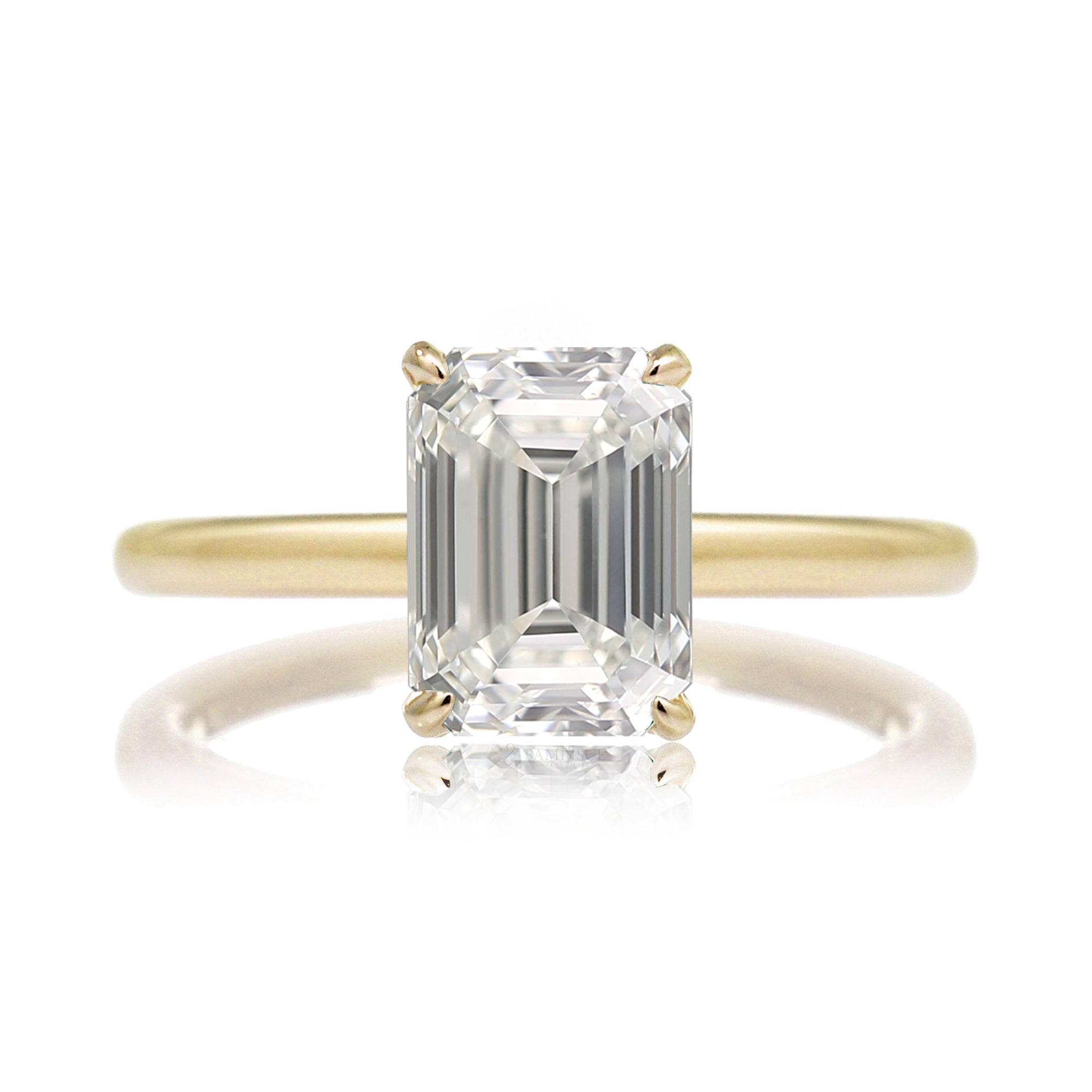 Emerald Step cut solitaire engagement ring diamond hidden halo solid band in yellow gold