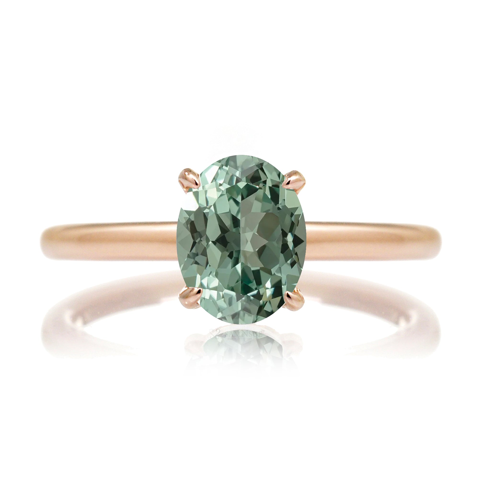 Oval cut green sapphire diamond hidden halo solid band in rose gold