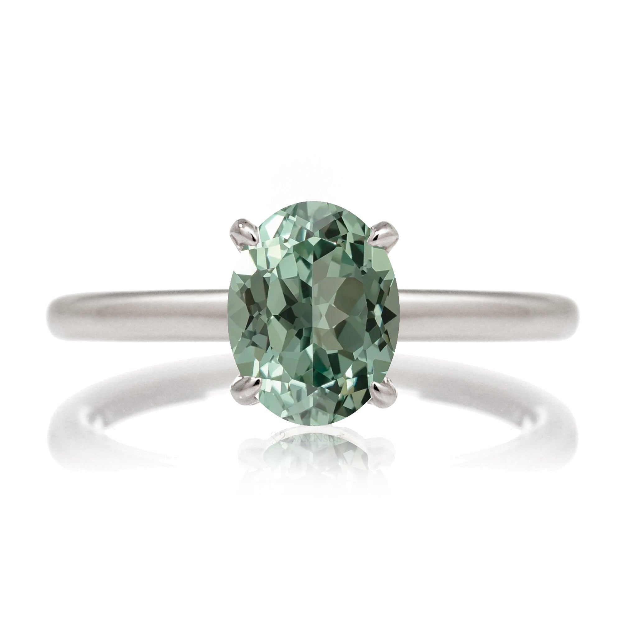 Oval cut green sapphire diamond hidden halo solid band in white gold