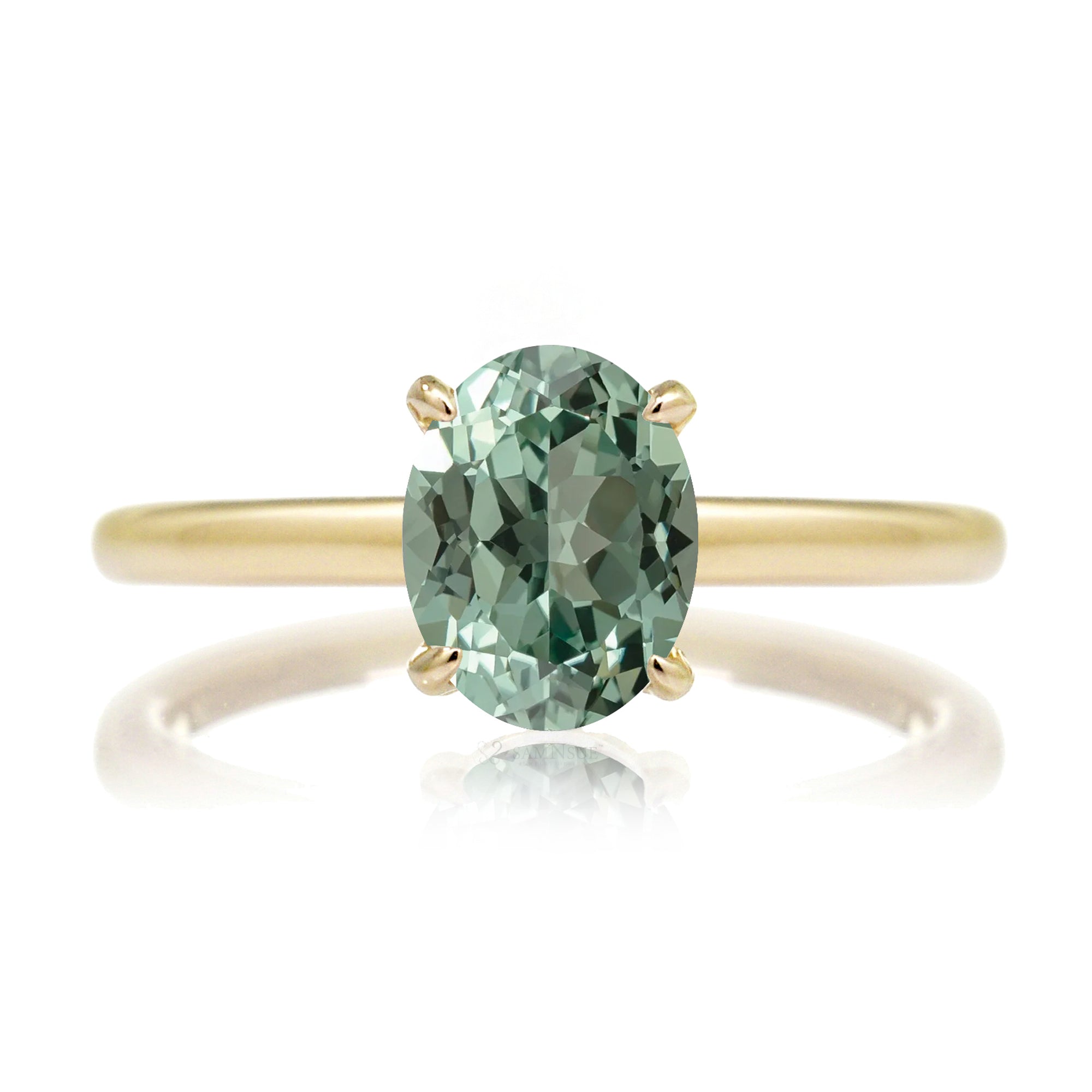 Oval cut green sapphire diamond hidden halo solid band in yellow gold