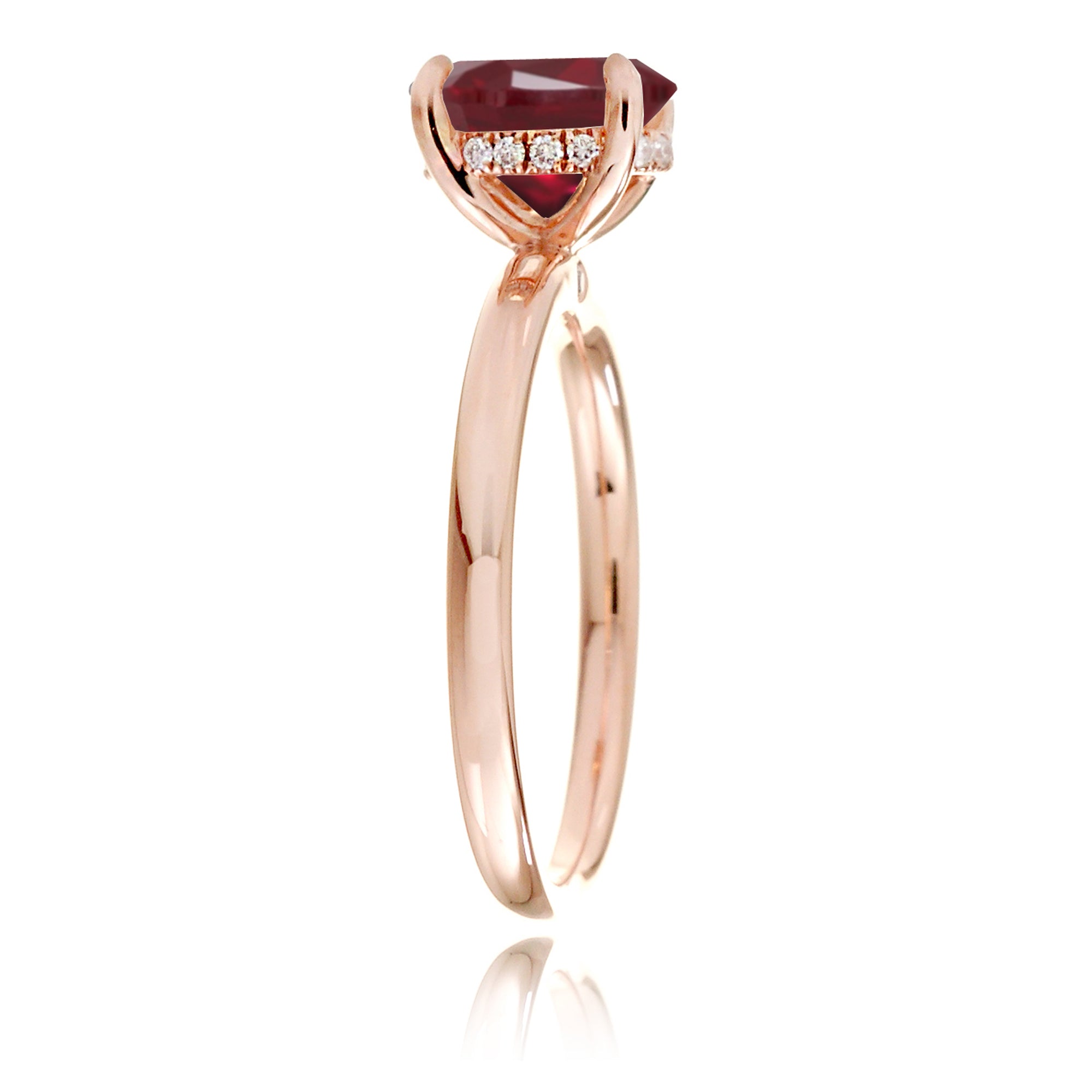 Oval ruby ring diamond hidden halo and solid polish rounded band in rose gold