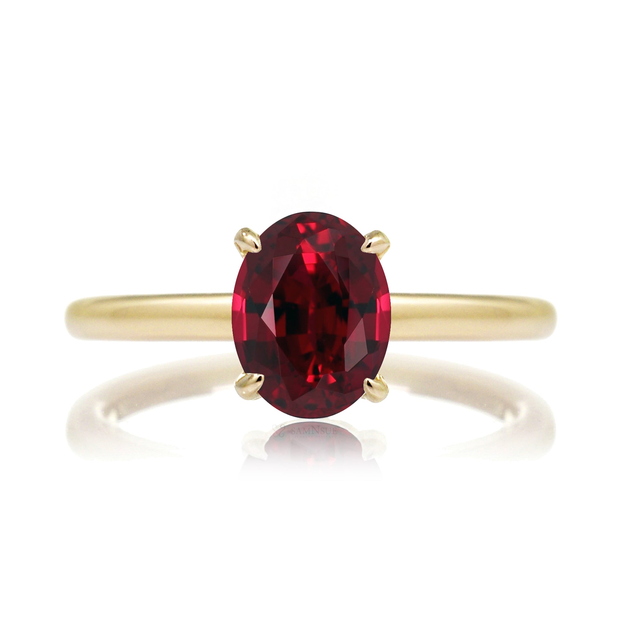 Oval ruby ring diamond hidden halo and solid polish rounded band in yellow gold