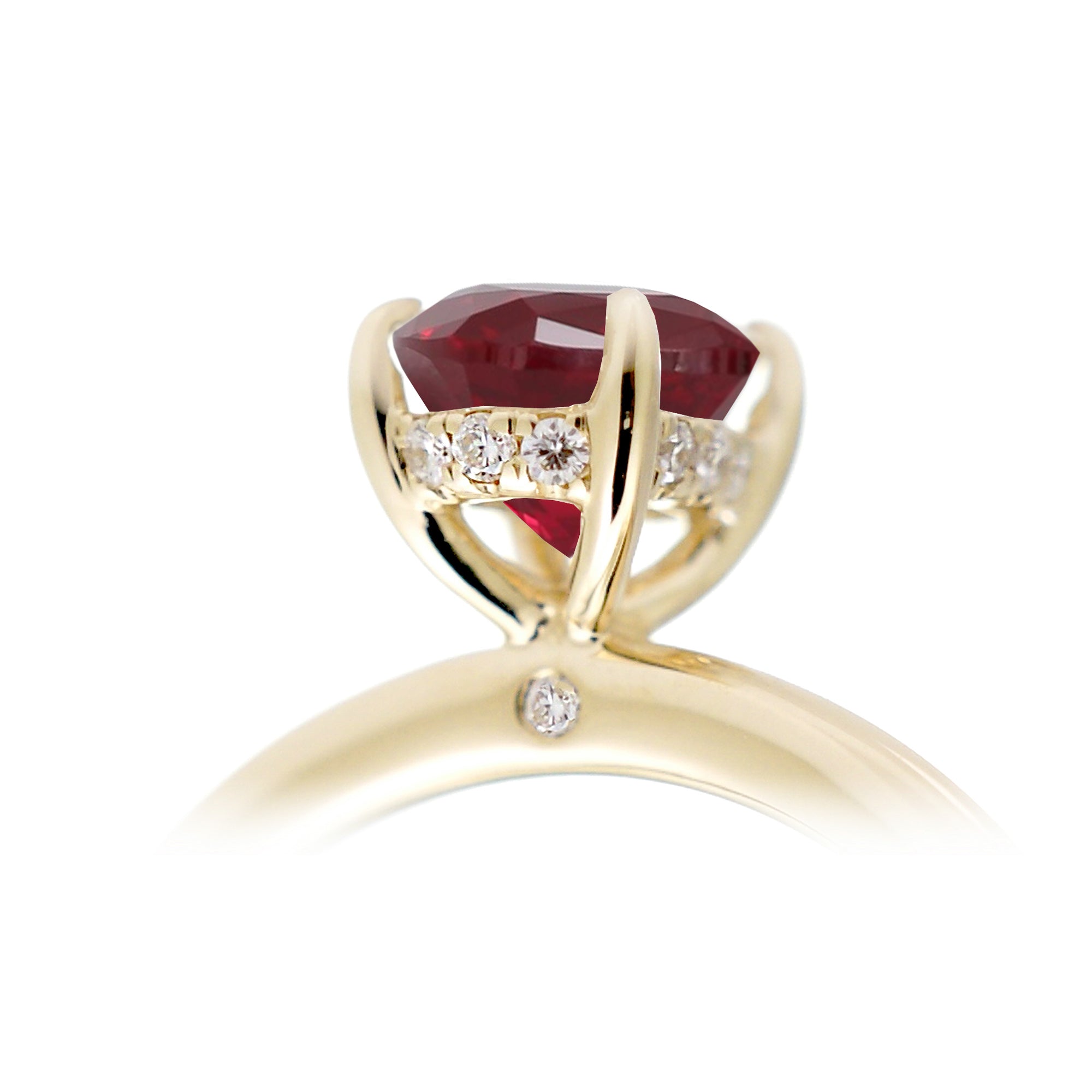 Oval ruby ring diamond hidden halo and solid polish rounded band in yellow gold