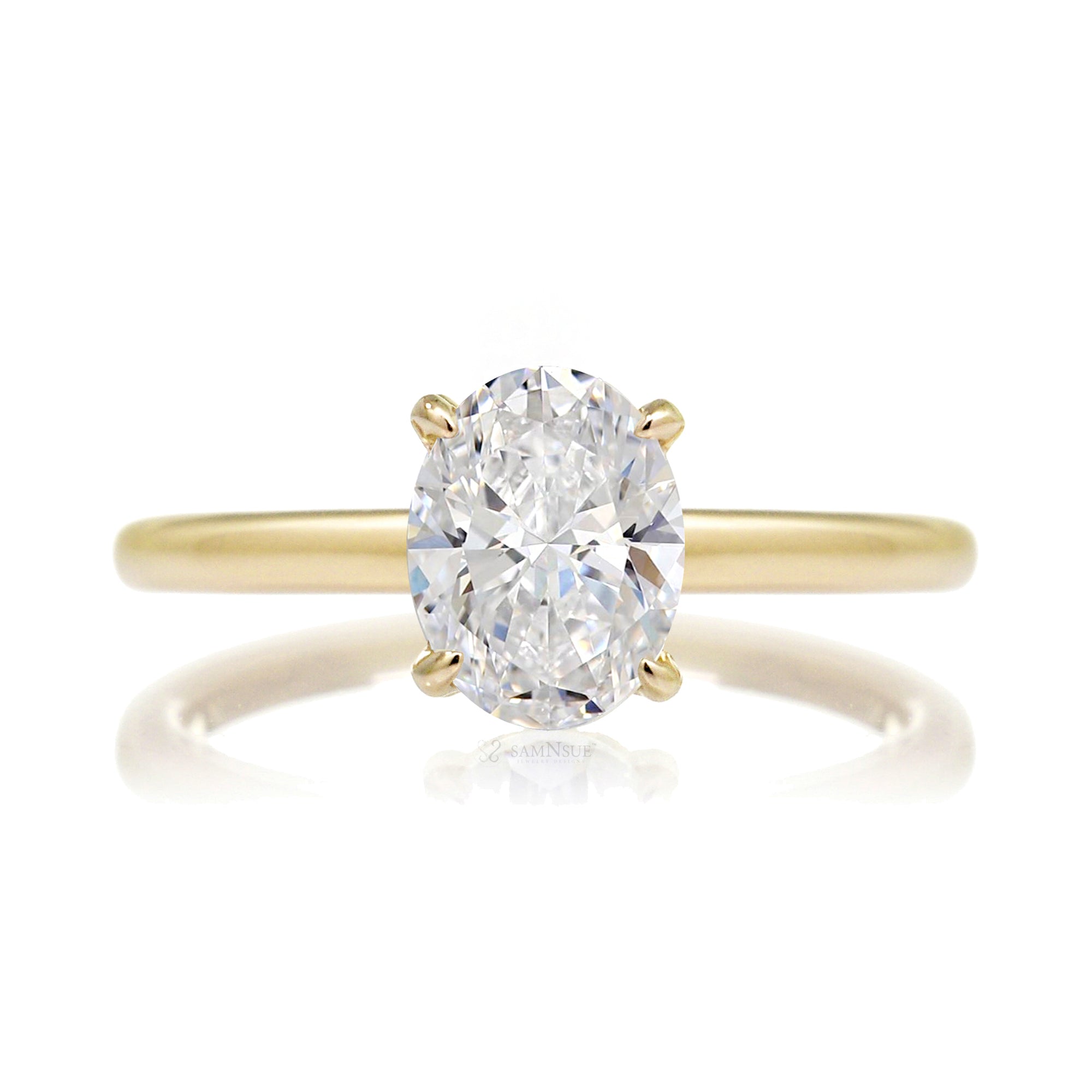 Oval diamond engagement ring solid band hidden halo in yellow gold