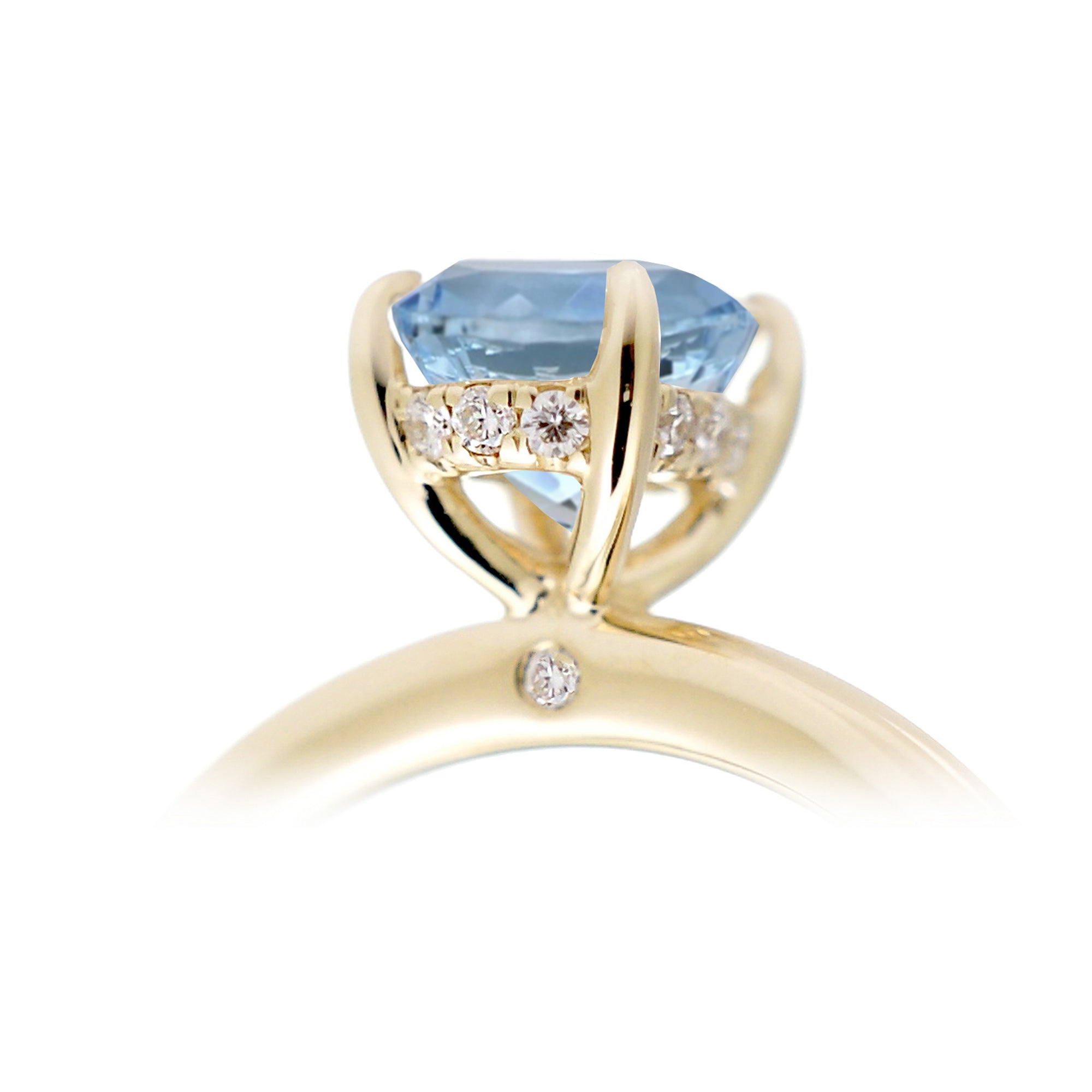 Pear aquamarine ring solitaire with diamond hidden halo in yellow gold