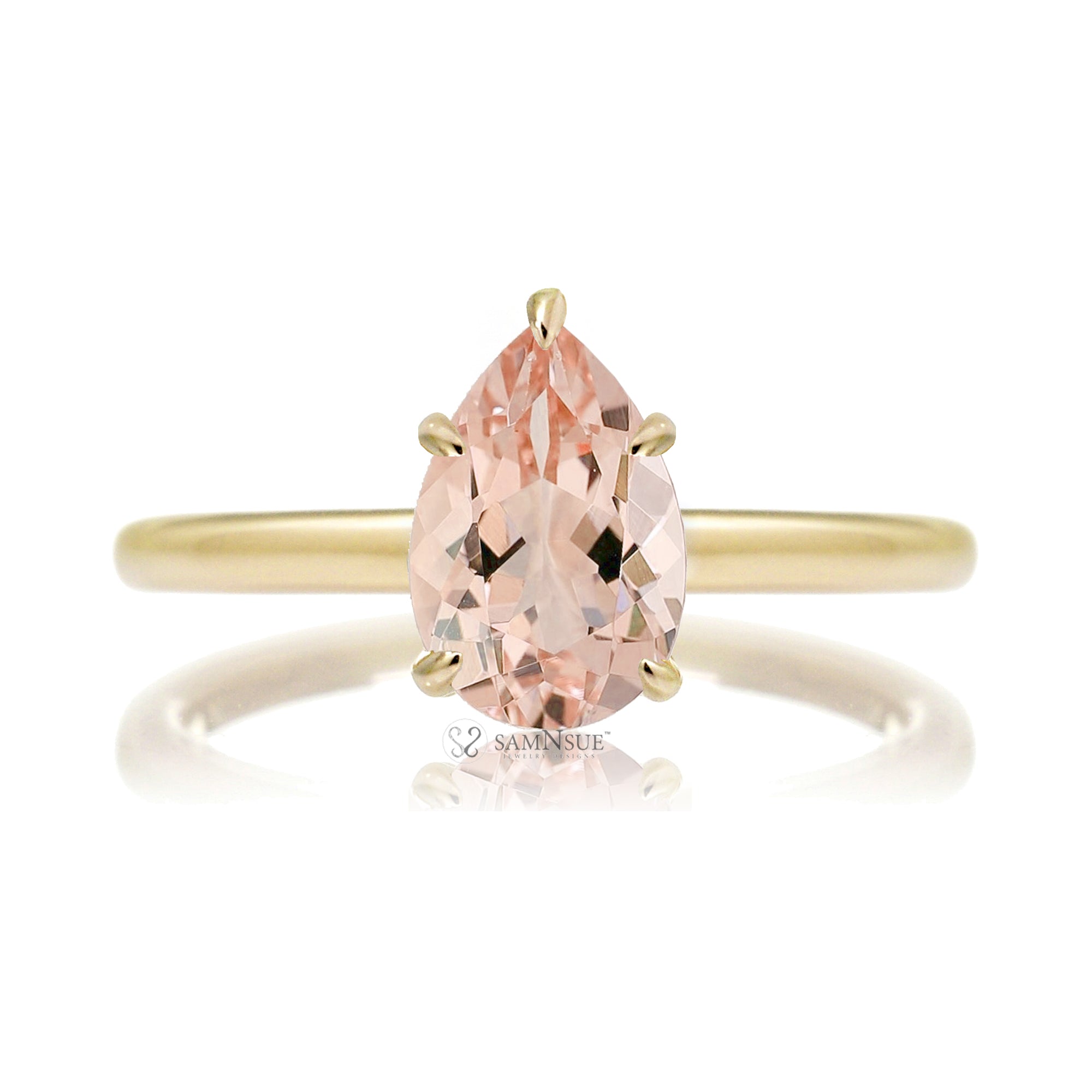 Pear morganite ring solitaire ring with hidden halo yellow gold