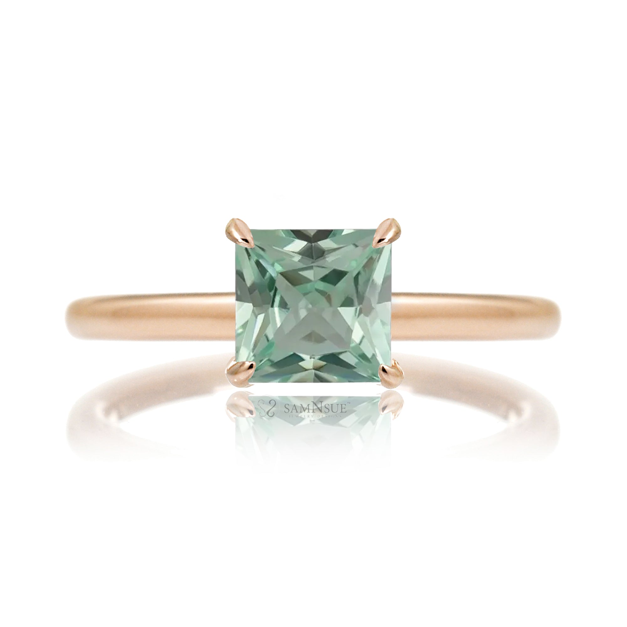 Princess cut lab green sapphire solitaire engagement ring in rose gold