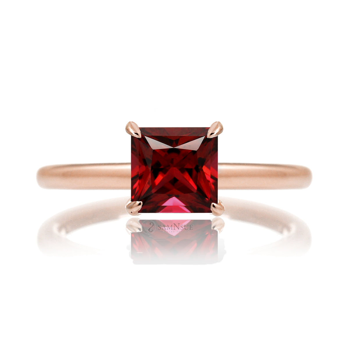 Princess Cut Ruby Engagement Ring Solitaire Hidden Diamond Accent