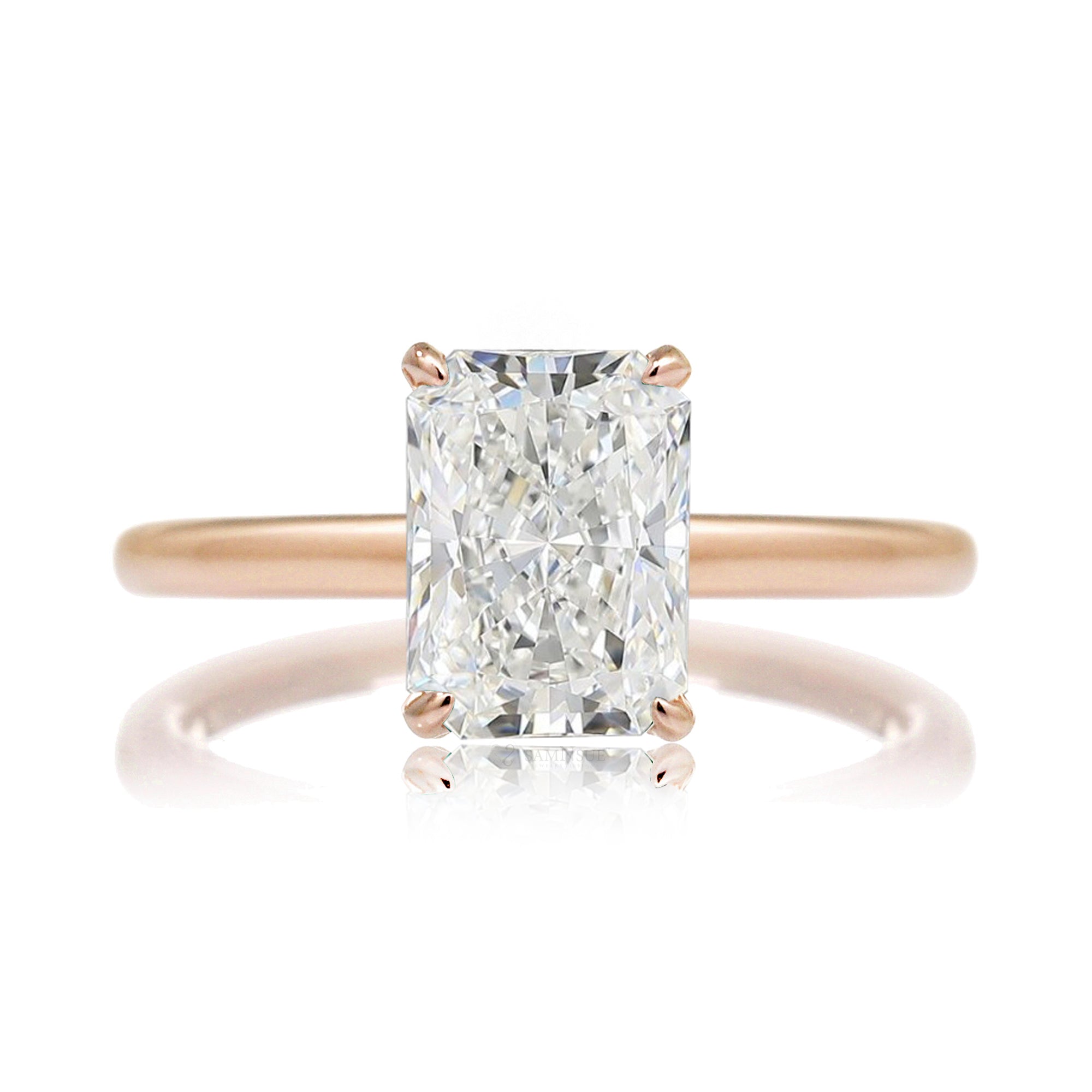 Radiant cut solitaire engagement ring diamond hidden halo solid band in rose gold