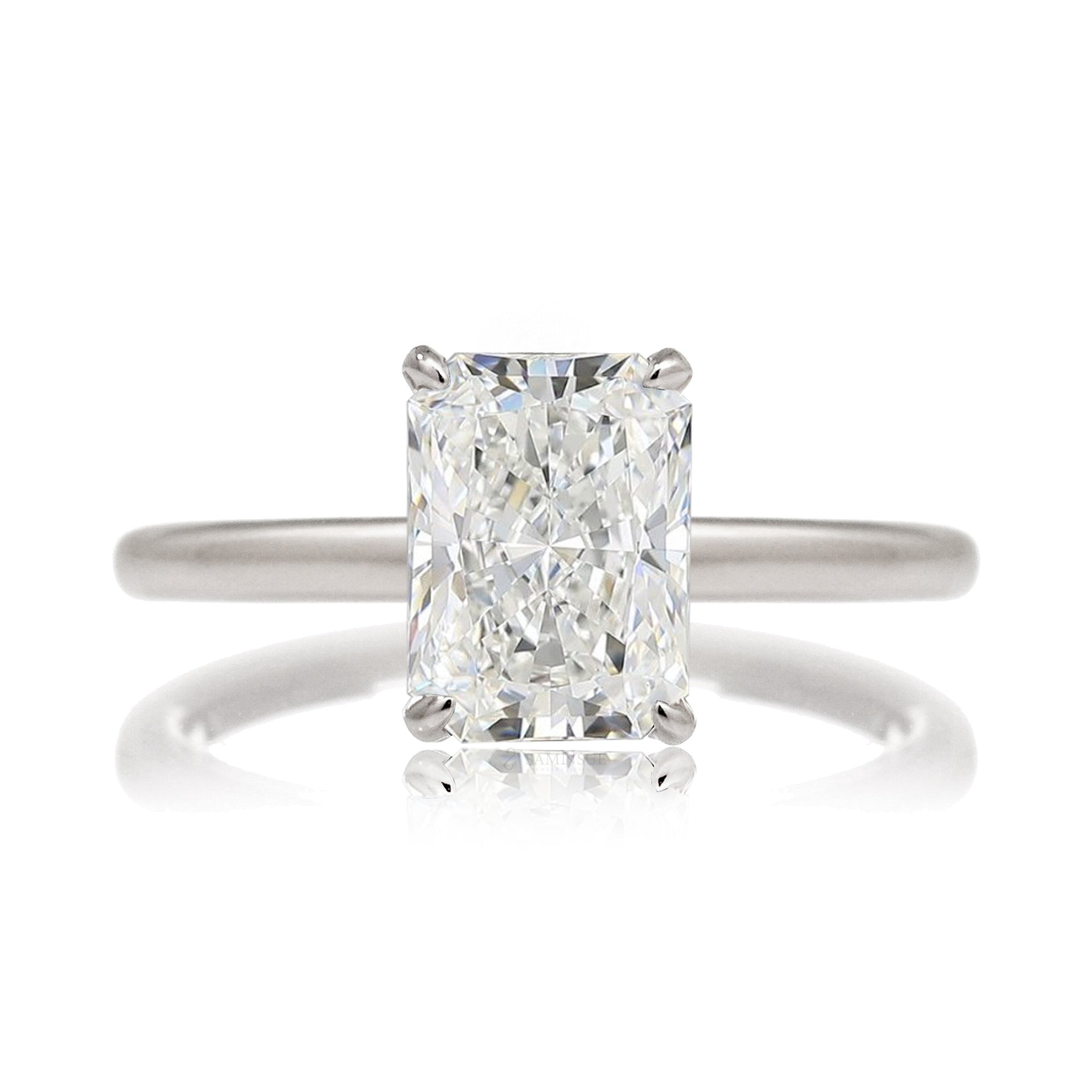 Radiant cut solitaire engagement ring diamond hidden halo solid band in white gold