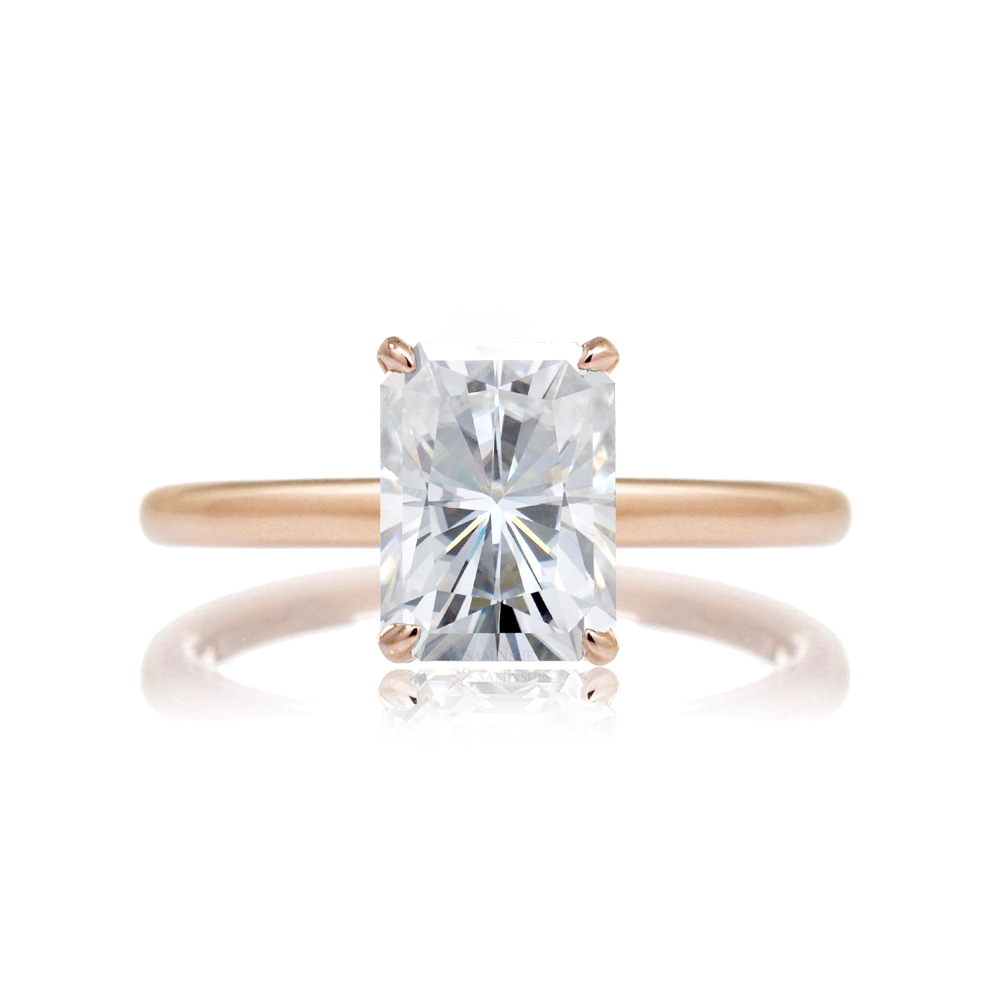 Radiant Moissanite solitaire engagement ring hidden halo solid band rose gold
