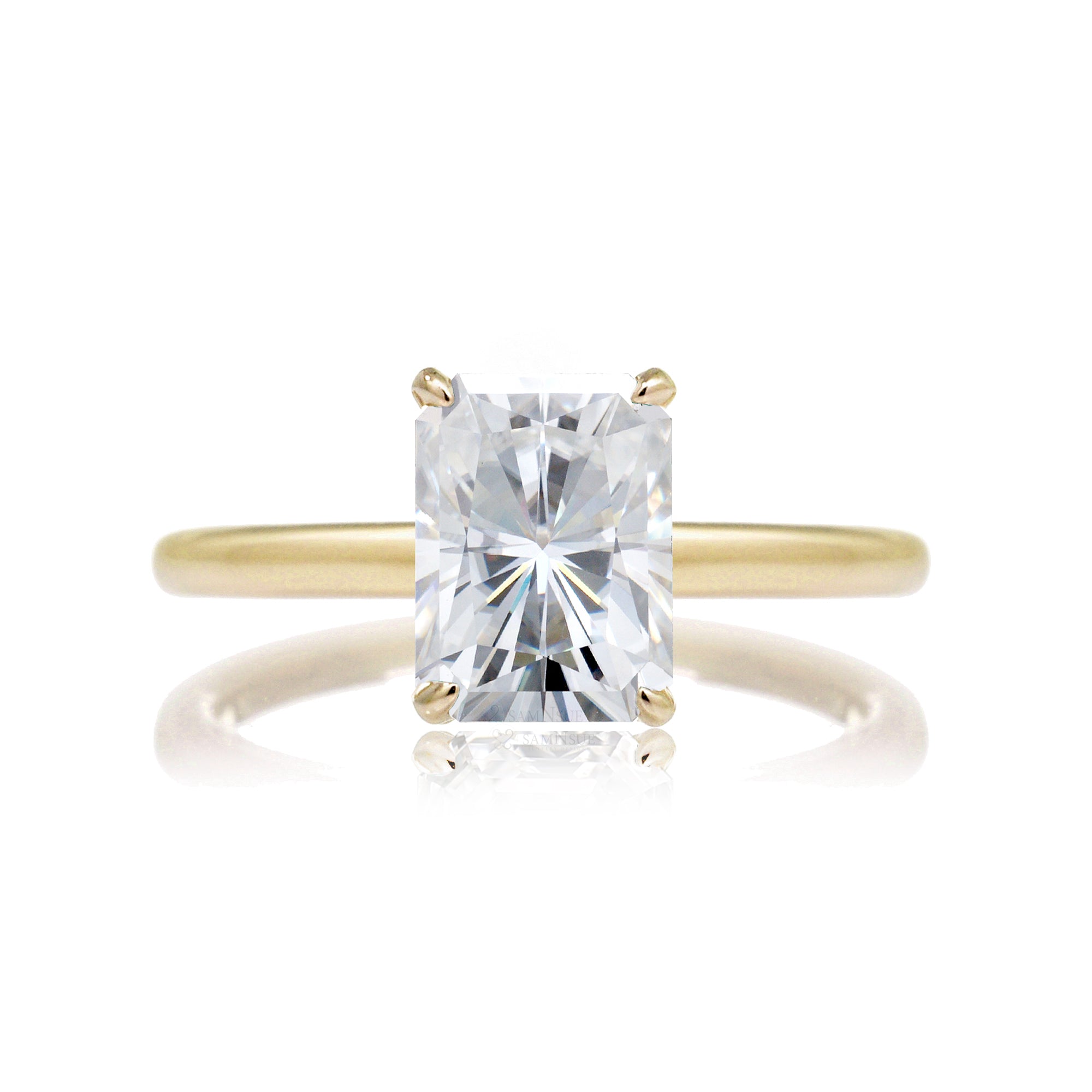 Radiant Moissanite solitaire engagement ring hidden halo solid band yellow gold