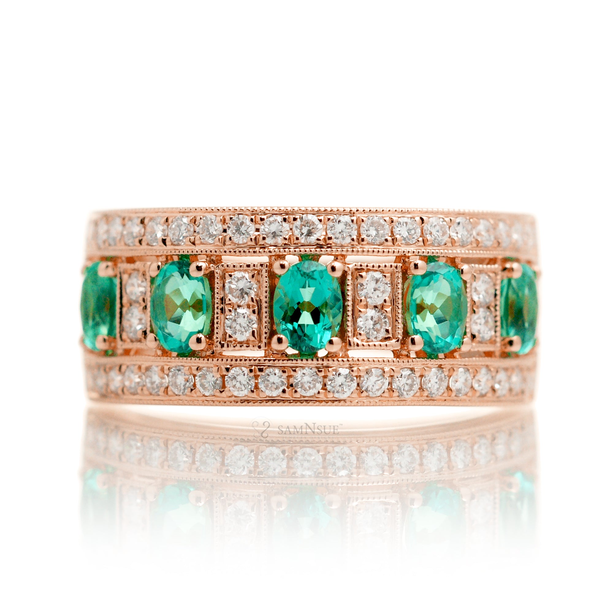 Five stone oval emeralds and diamond pave anniversary ring - the Marjorie rose gold