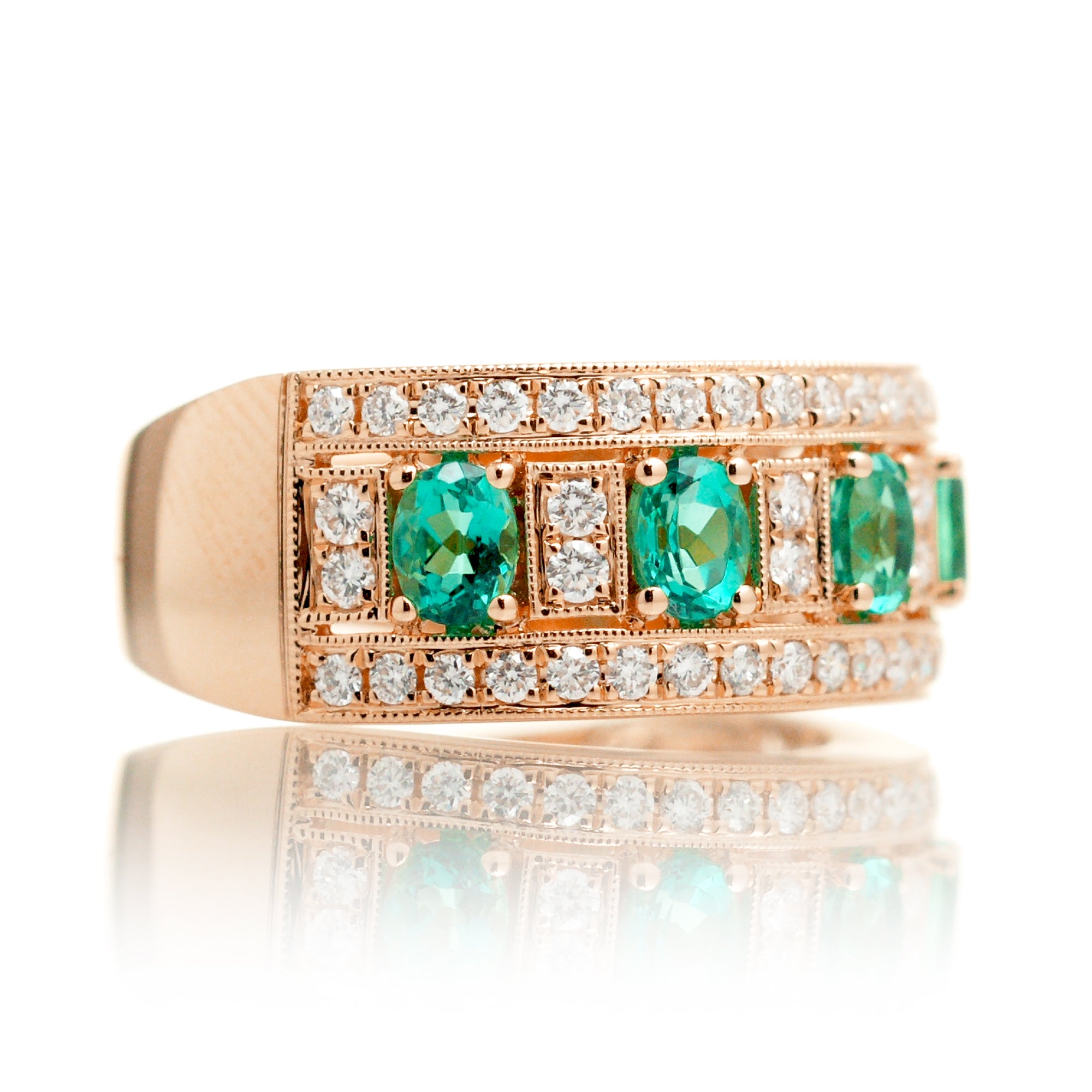 Five stone oval emeralds and diamond pave anniversary ring - the Marjorie rose gold