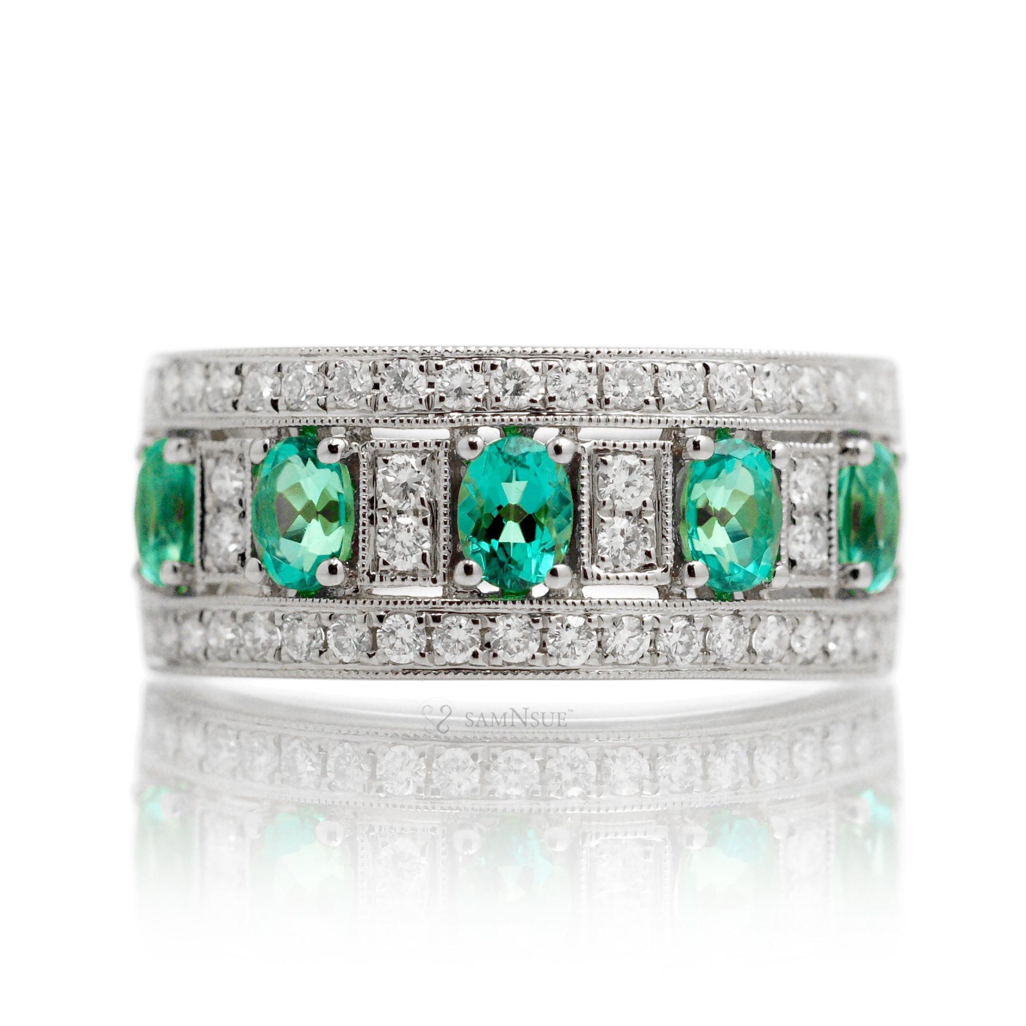 Five stone oval emeralds and diamond pave anniversary ring - the Marjorie white gold