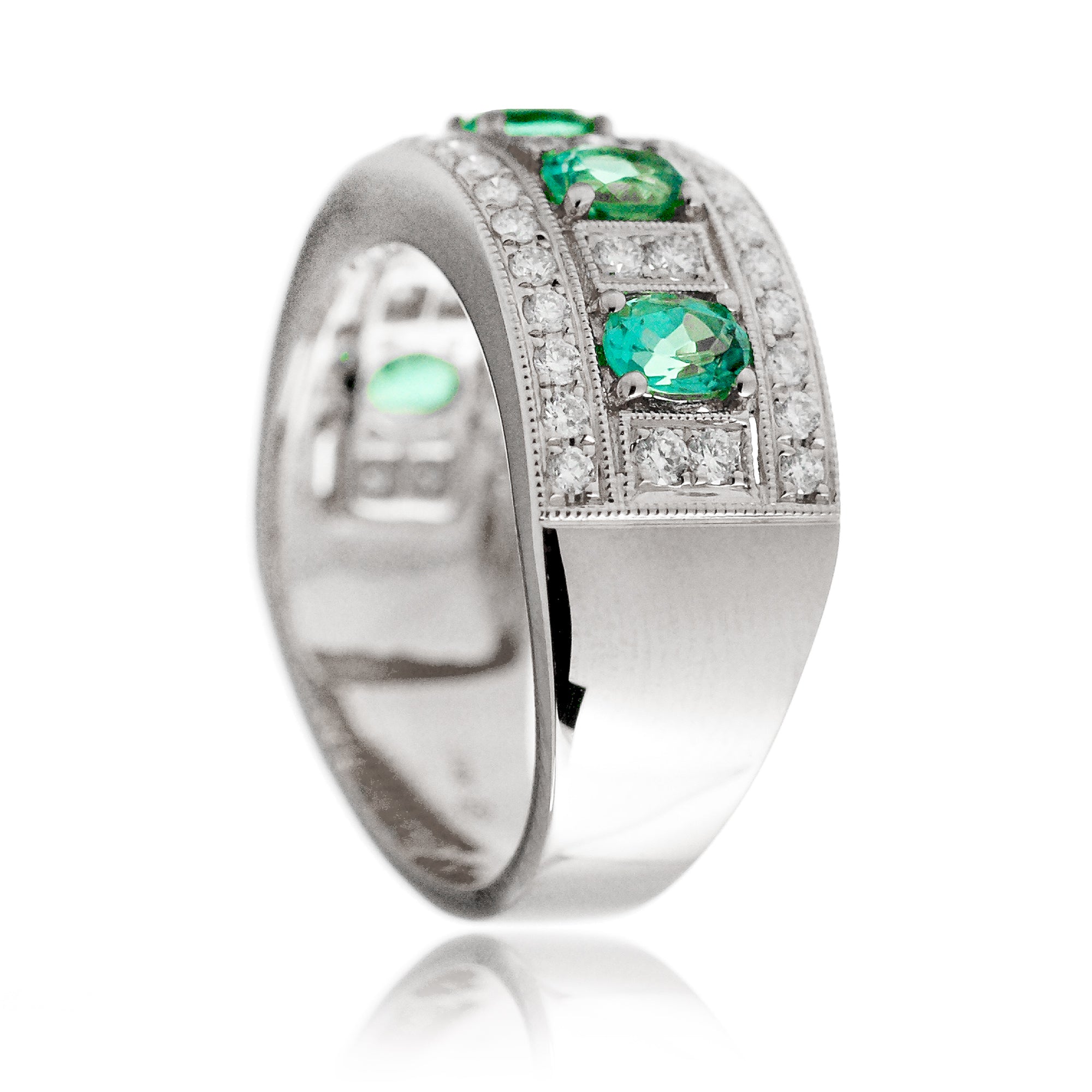 Five stone oval emeralds and diamond pave anniversary ring - the Marjorie white gold