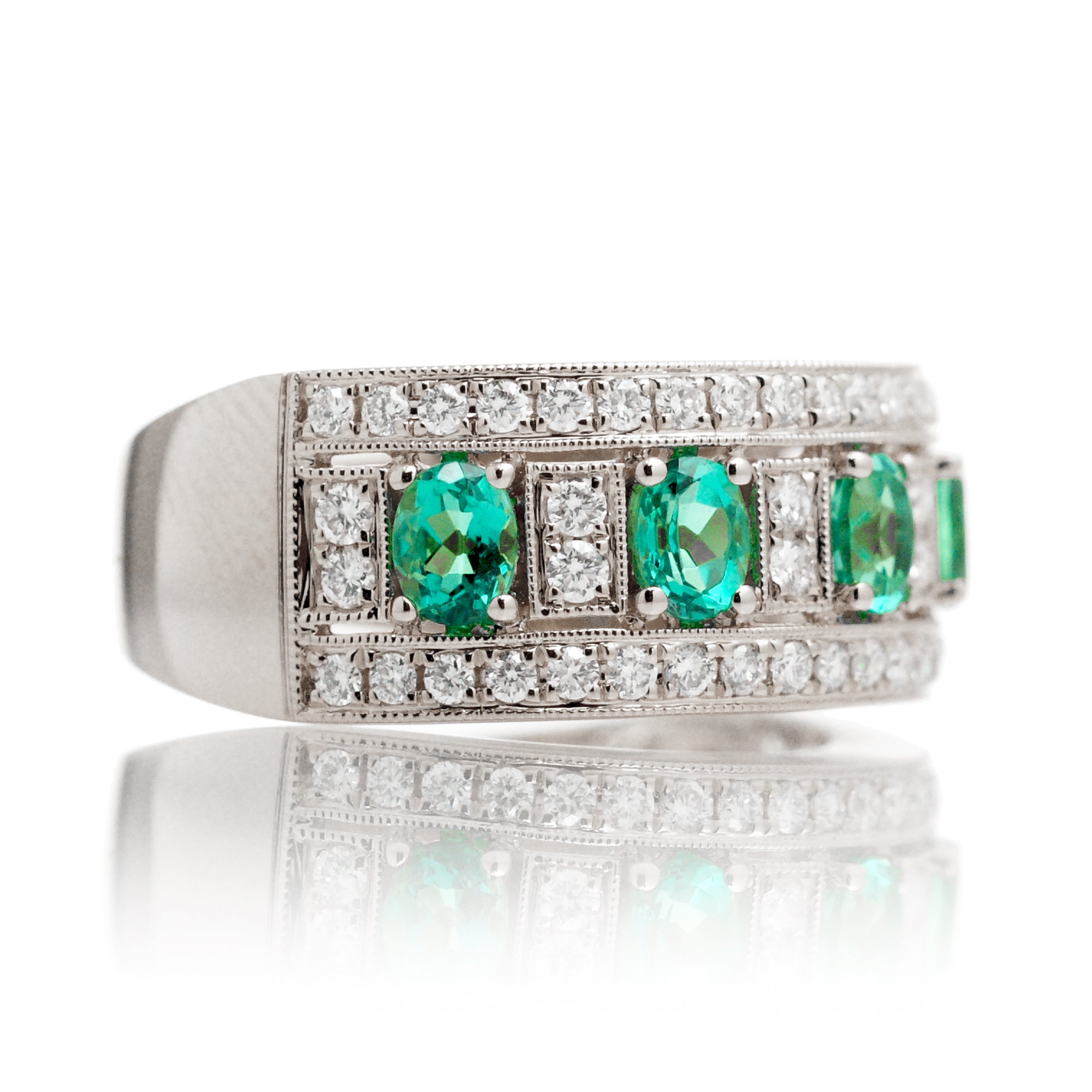 Five stone oval emeralds and diamond pave anniversary ring - the Marjorie white gold