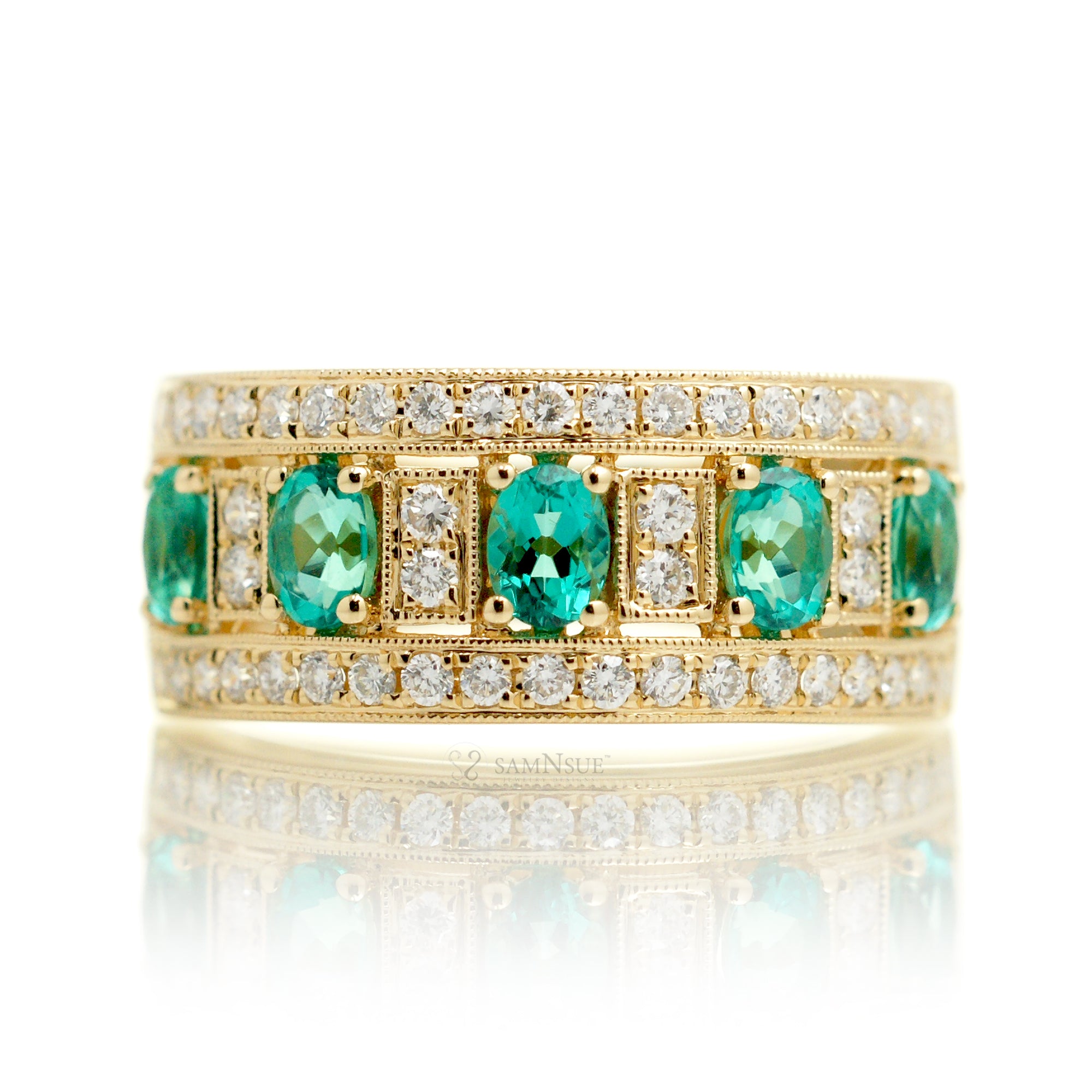 Five stone oval emeralds and diamond pave anniversary ring - the Marjorie yellow gold