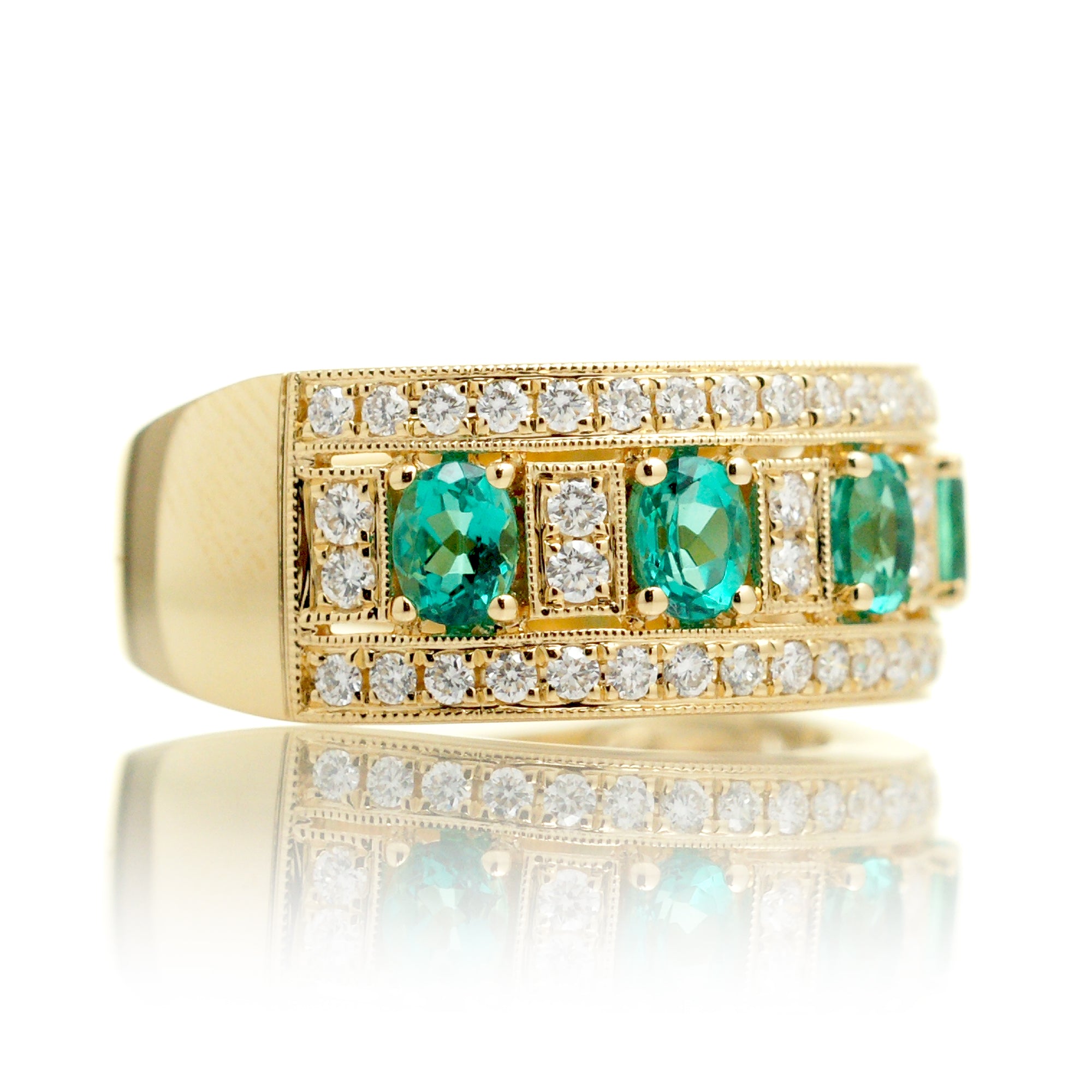 Five stone oval emeralds and diamond pave anniversary ring - the Marjorie yellow gold