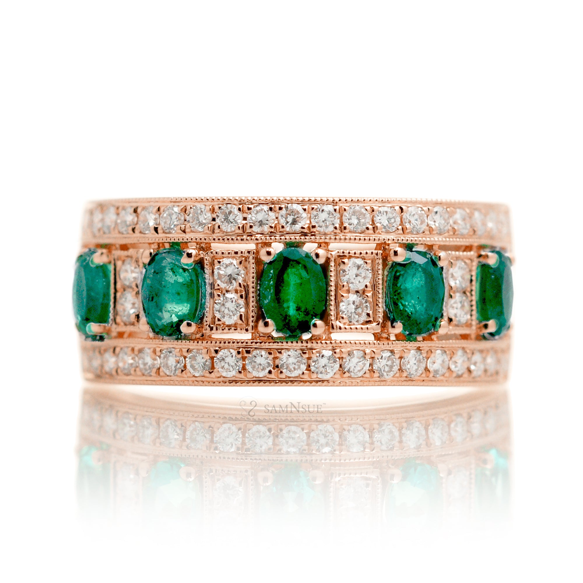 Five stone oval emeralds and diamond pave anniversary ring - the Marjorie rose gold