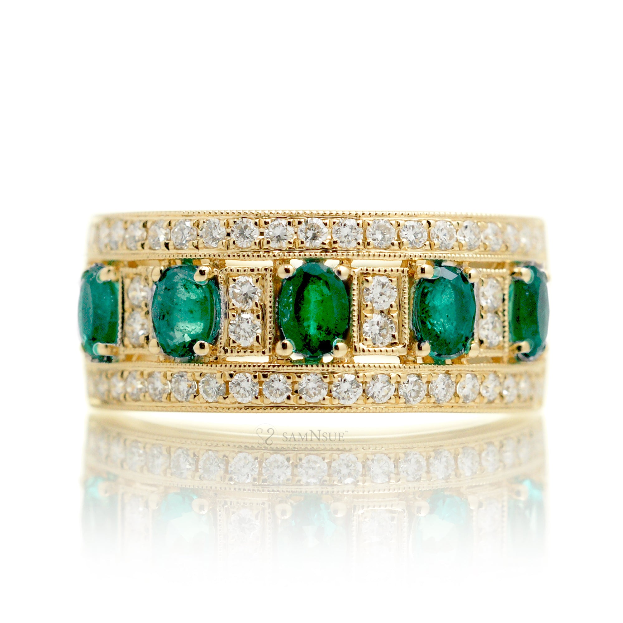 Five stone oval emeralds and diamond pave anniversary ring - the Marjorie yellow gold