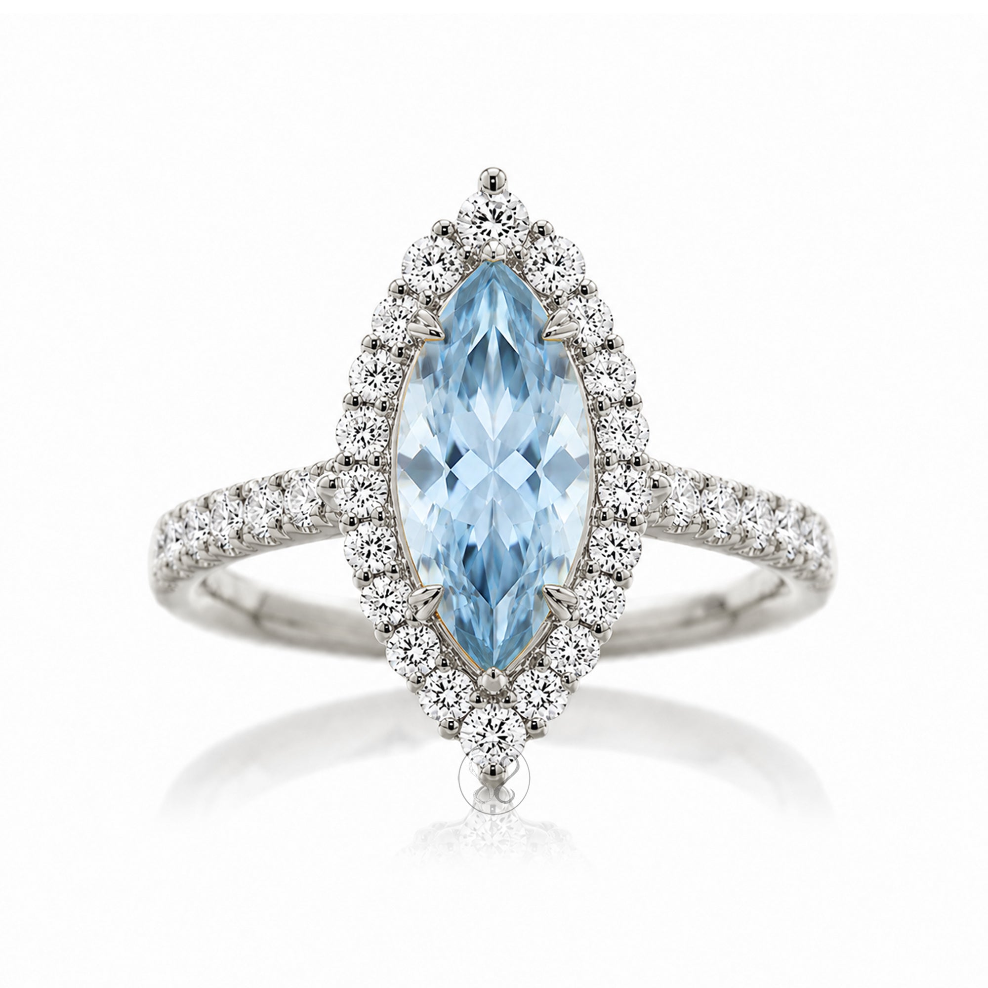 Marquise aquamarine diamond halo and band ring in white gold