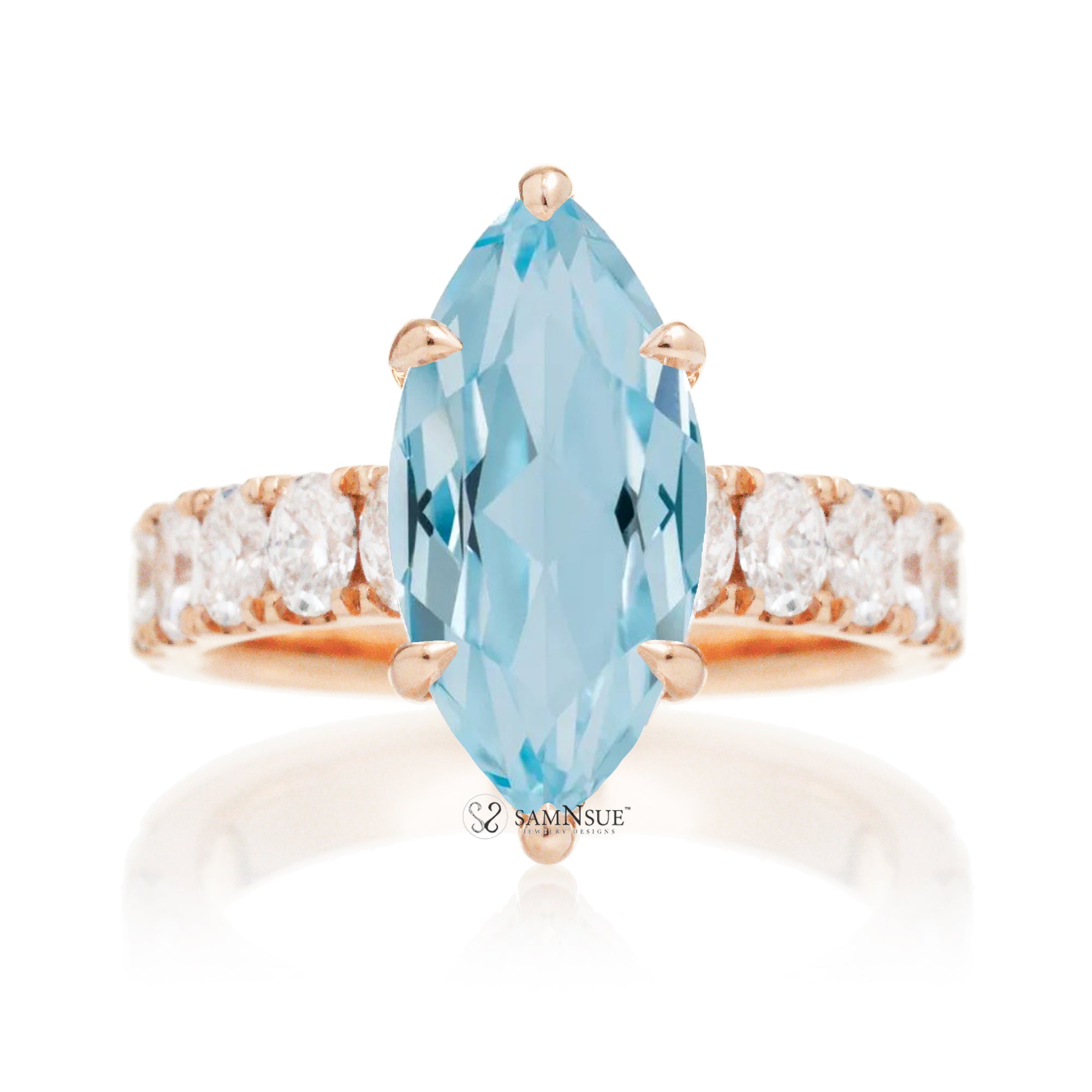 Marquise cut aquamarine large oval diamond band with hidden halo six prongs rose gold
