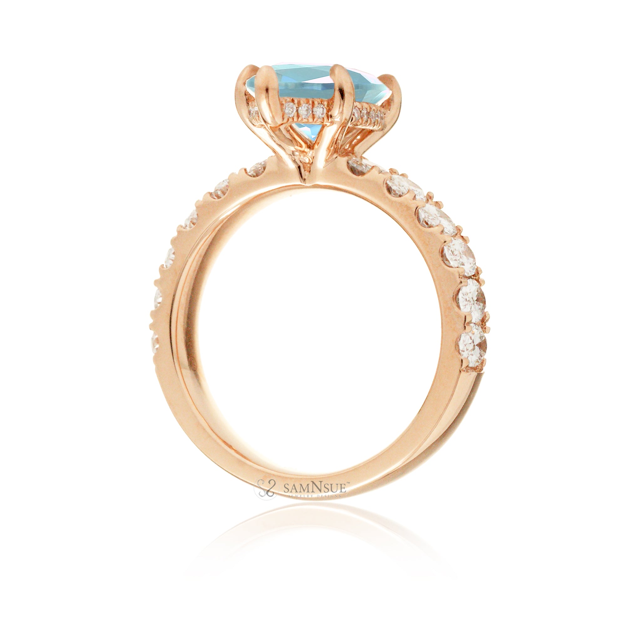 Marquise cut aquamarine large oval diamond band with hidden halo six prongs rose gold