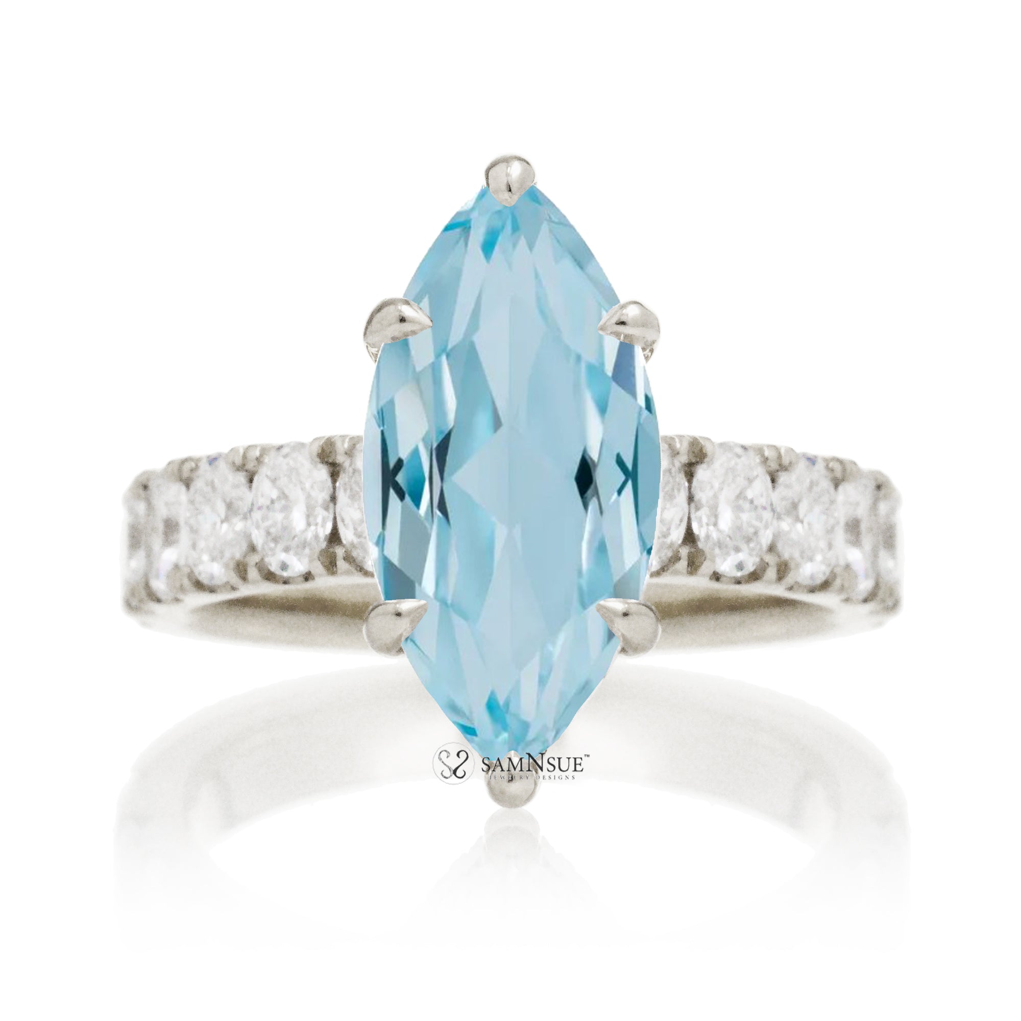 Marquise cut aquamarine large oval diamond band with hidden halo six prongs white gold