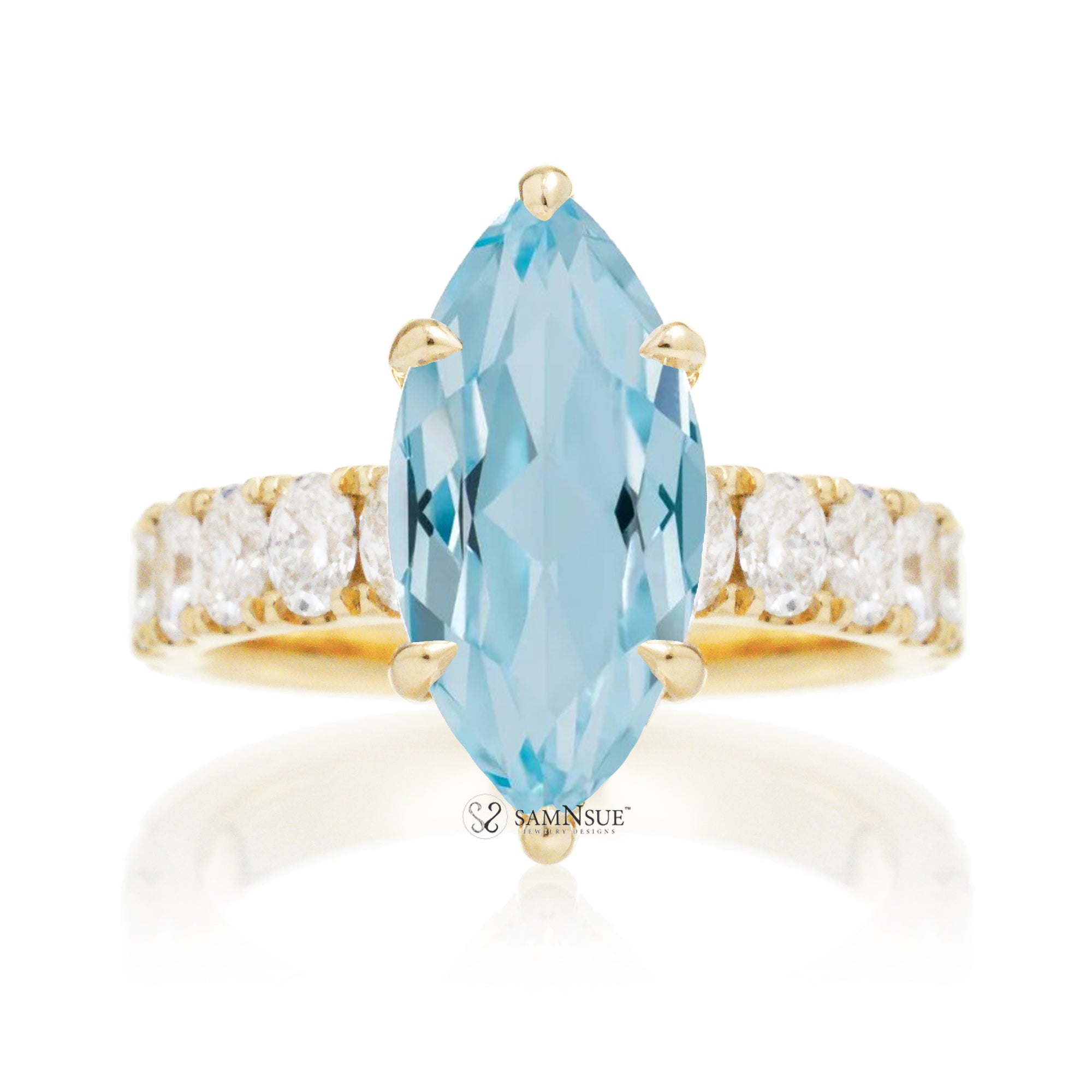 Marquise cut aquamarine large oval diamond band with hidden halo six prongs yellow gold