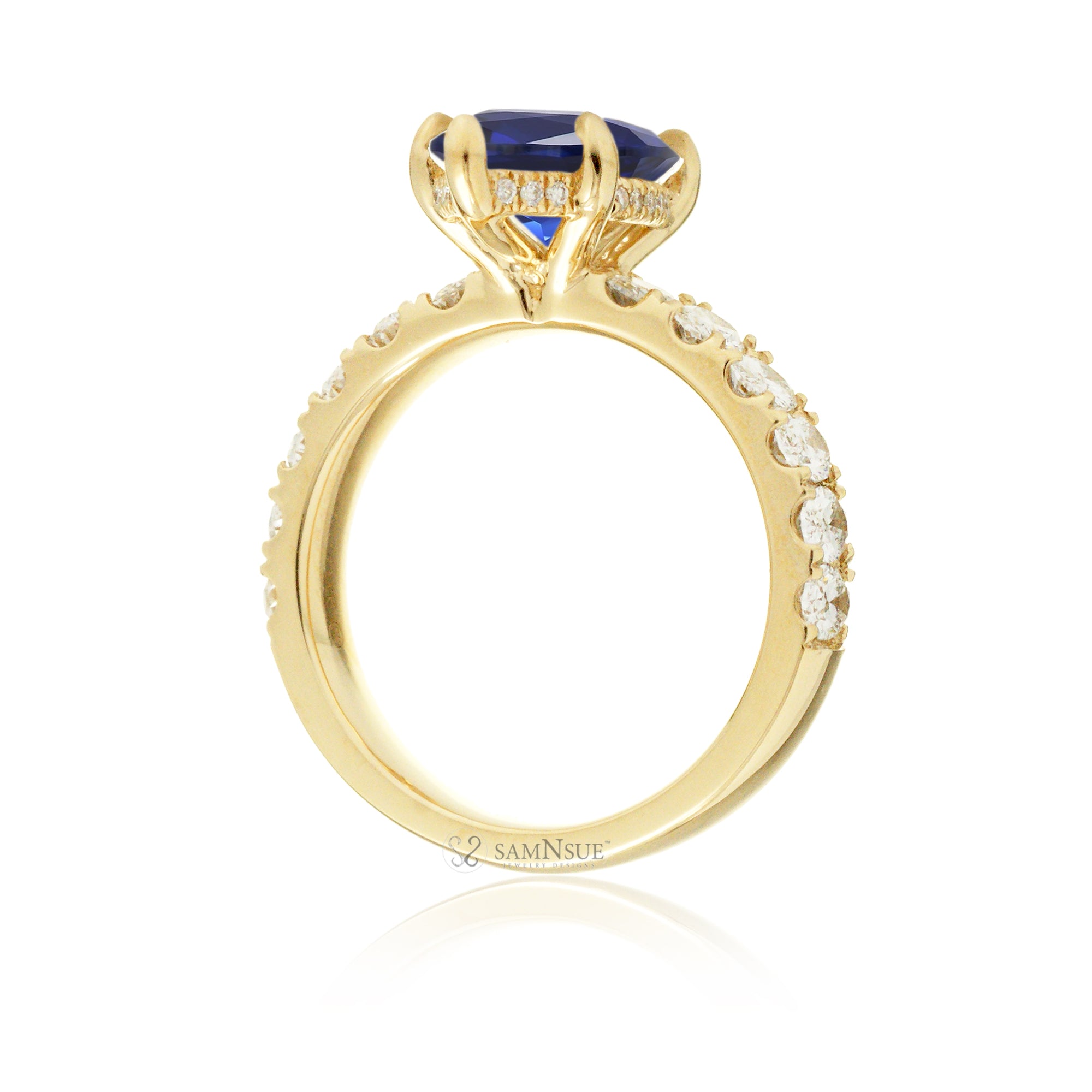 Marquise cut blue sapphire large oval diamond band with hidden halo six prongs yellow gold