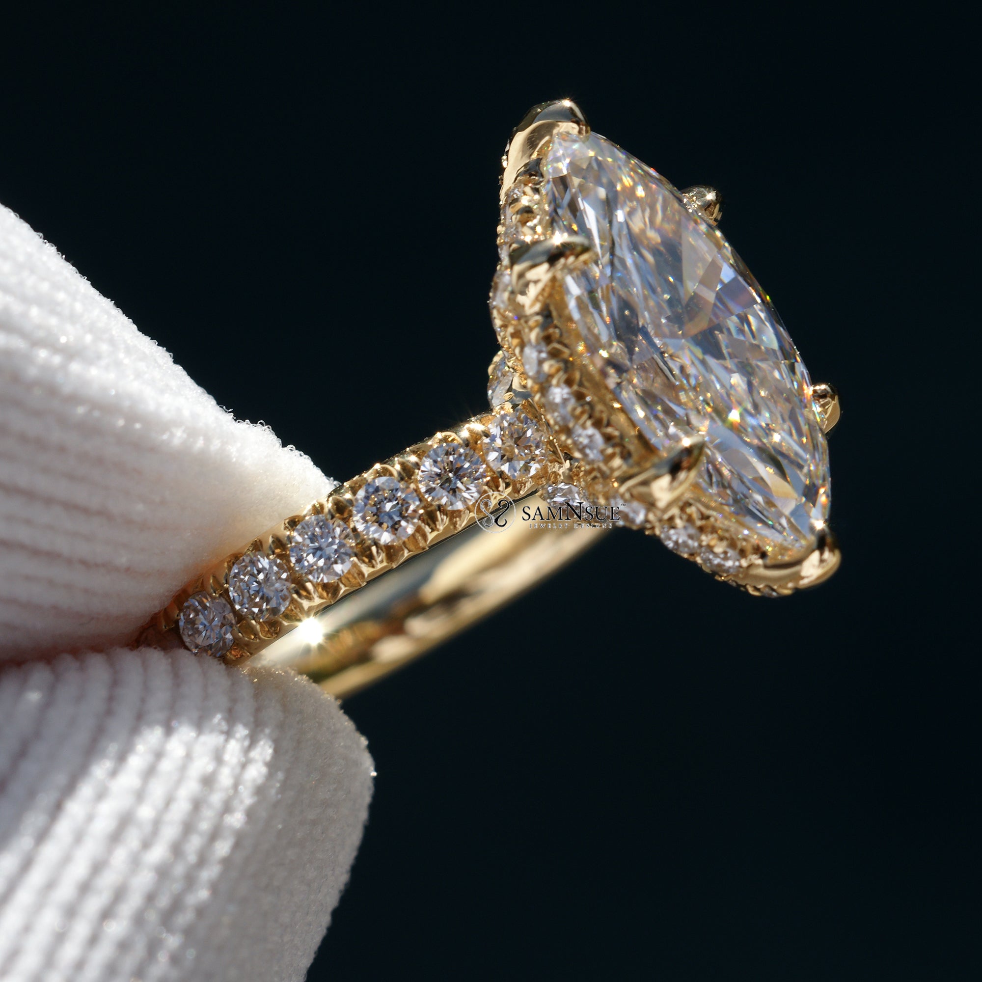 Marquise cut diamond solitaire engagement ring hidden halo the drenched yellow gold