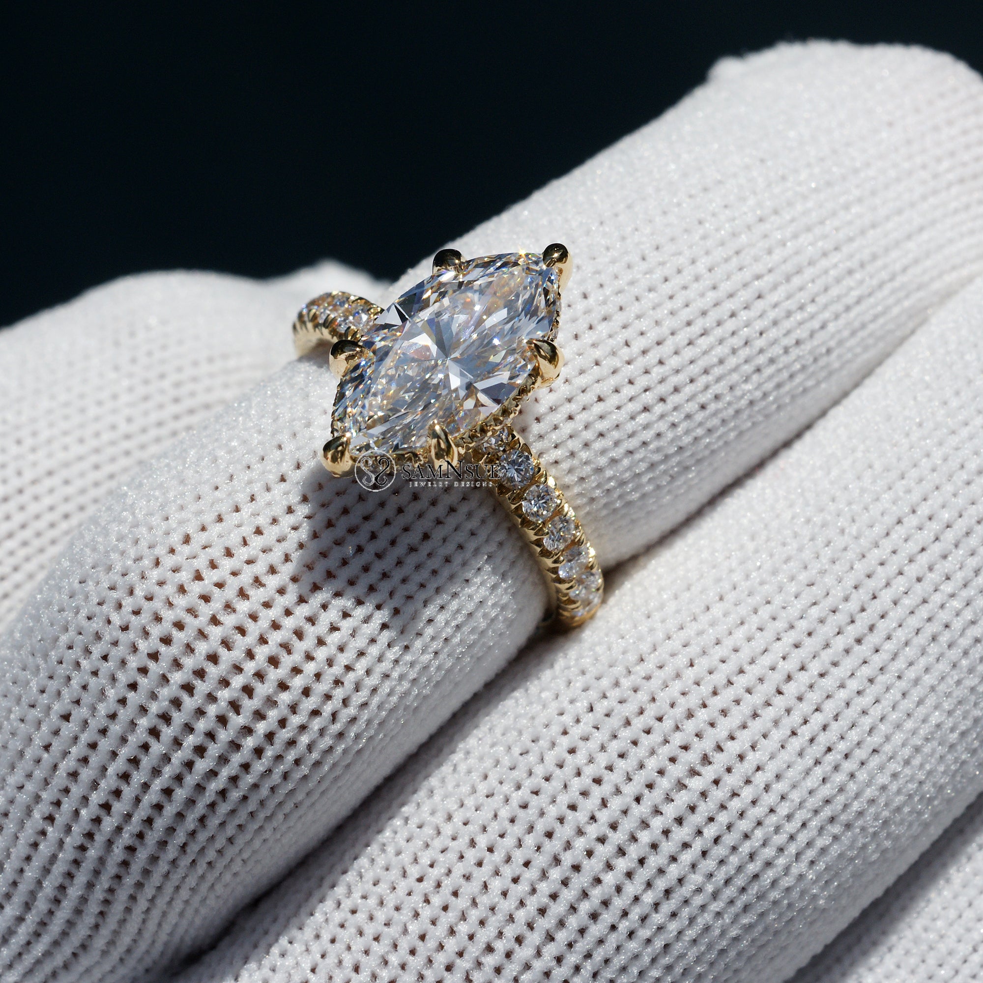 Marquise cut diamond solitaire engagement ring hidden halo the drenched yellow gold