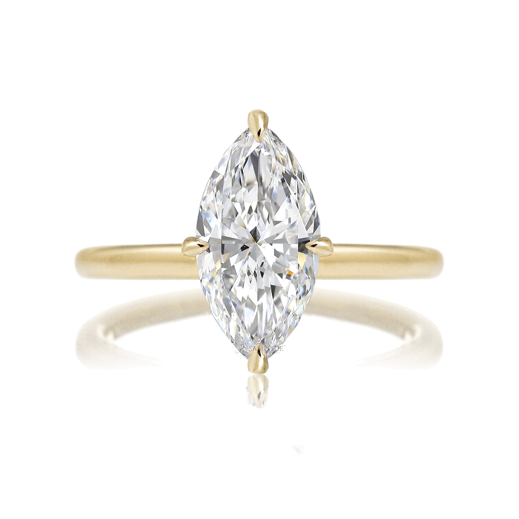 Marquise cut solitaire diamond engagement ring with a hidden halo and solid polished band in yellow gold