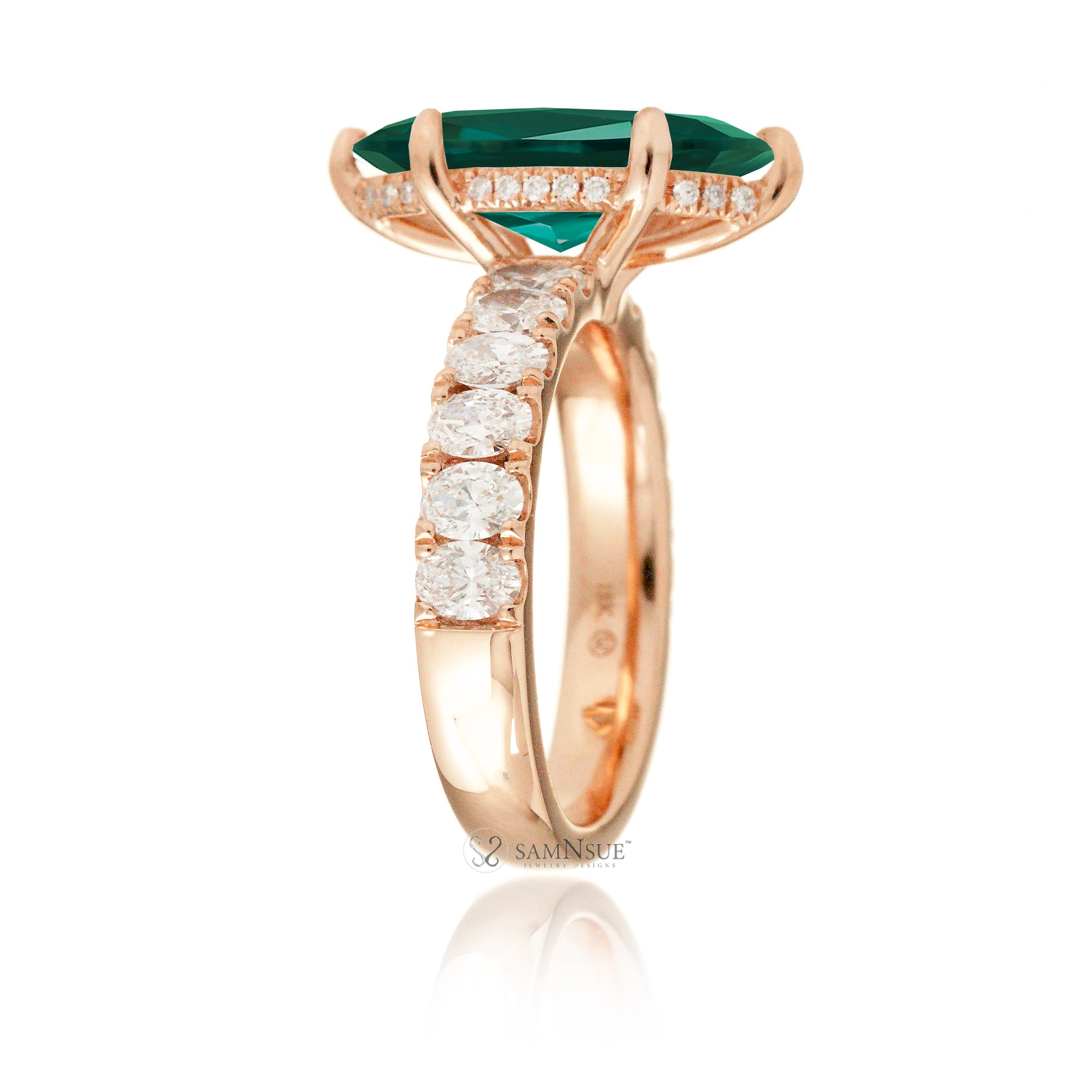 Marquise cut green emerald large oval diamond band with hidden halo six prongs rose gold