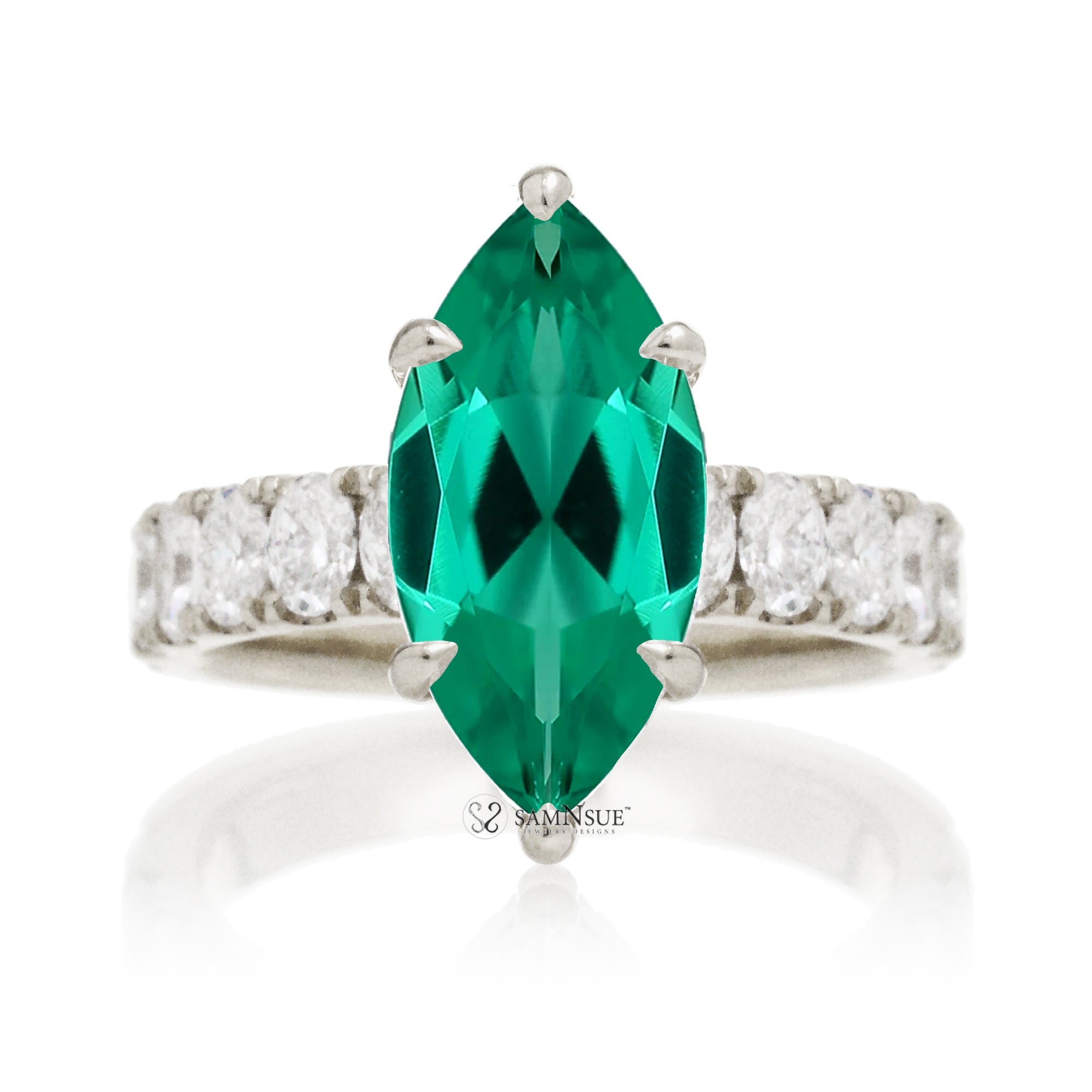 Marquise cut green emerald large oval diamond band with hidden halo six prongs white gold