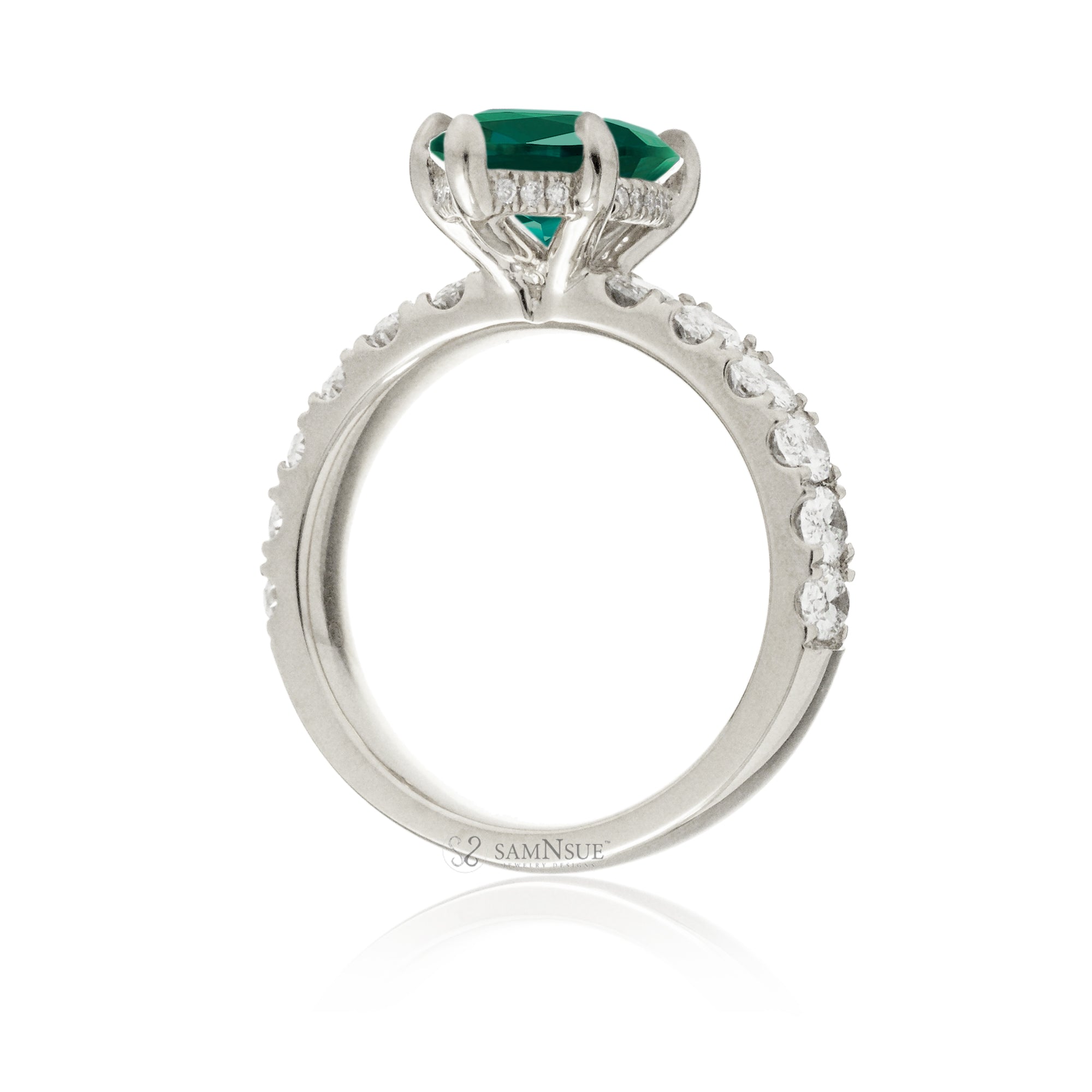 Marquise cut green emerald large oval diamond band with hidden halo six prongs white gold