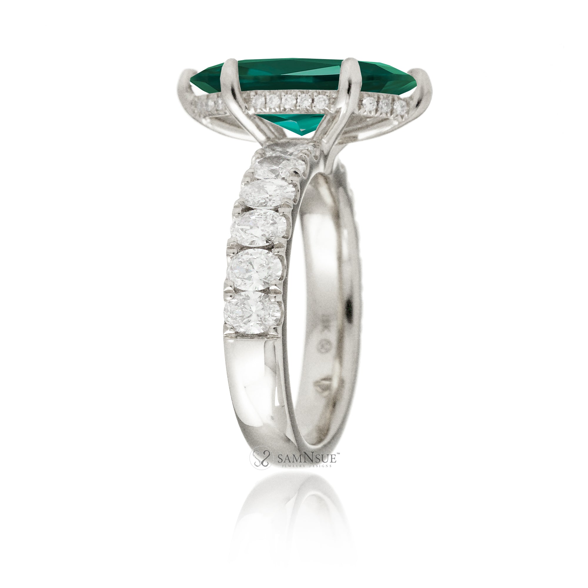 Marquise cut green emerald large oval diamond band with hidden halo six prongs white gold