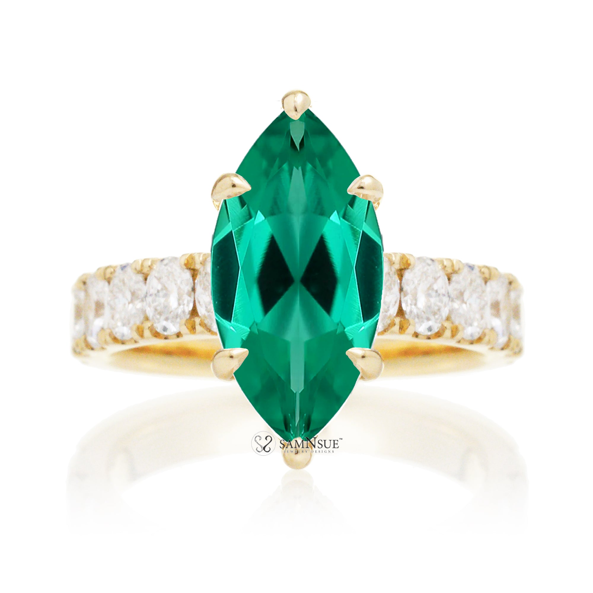 Marquise cut green emerald large oval diamond band with hidden halo six prongs yellow gold