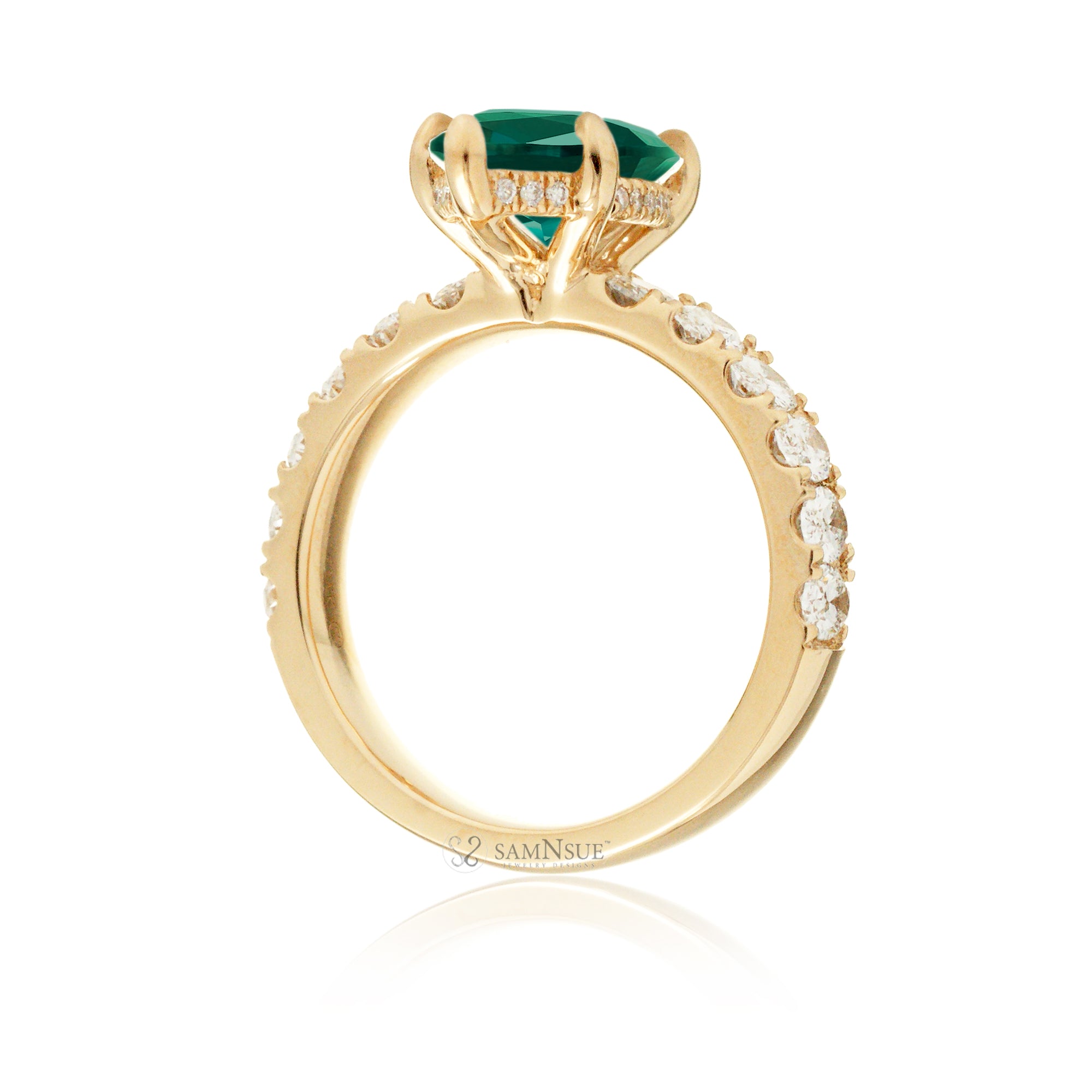 Marquise cut green emerald large oval diamond band with hidden halo six prongs yellow gold