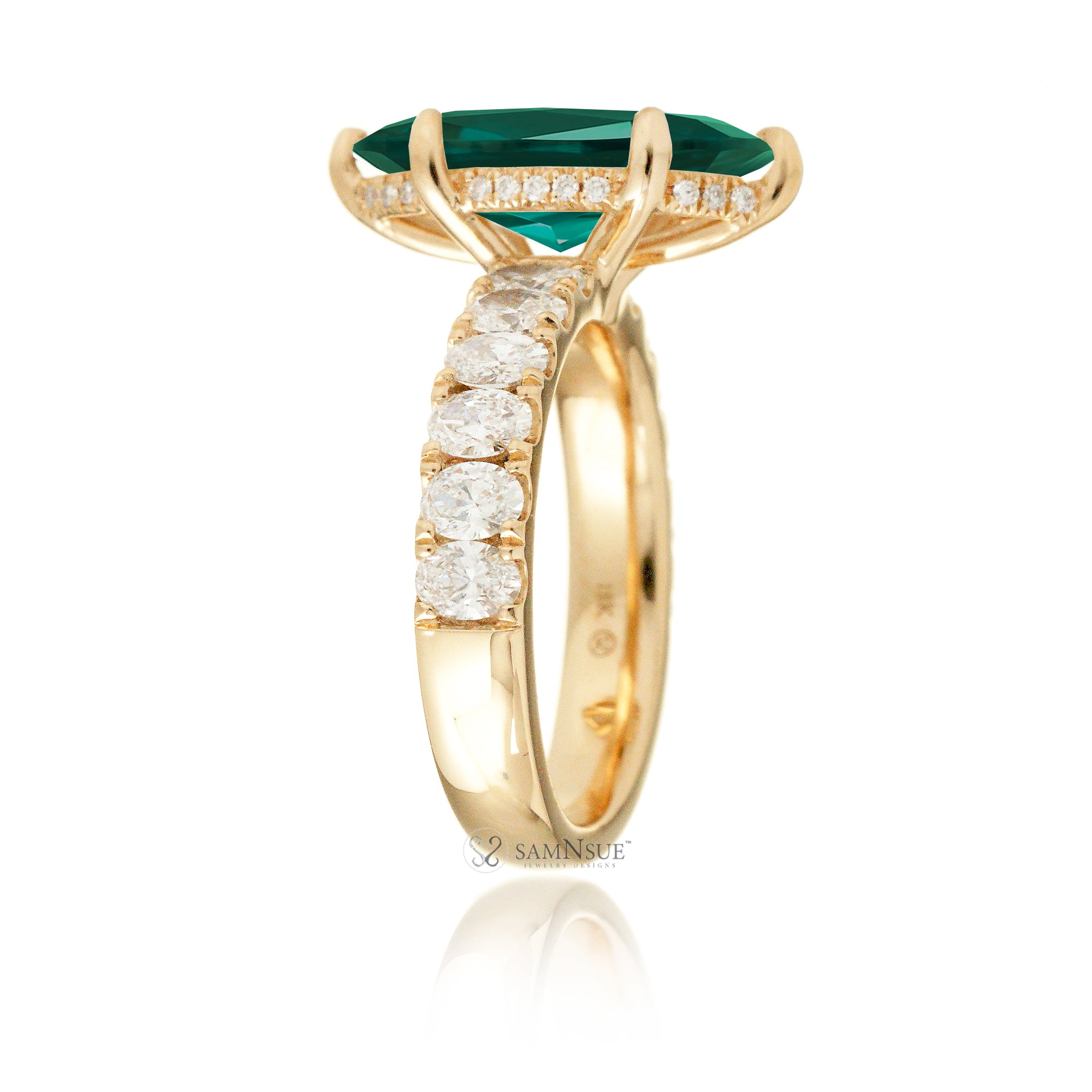 Marquise cut green emerald large oval diamond band with hidden halo six prongs yellow gold