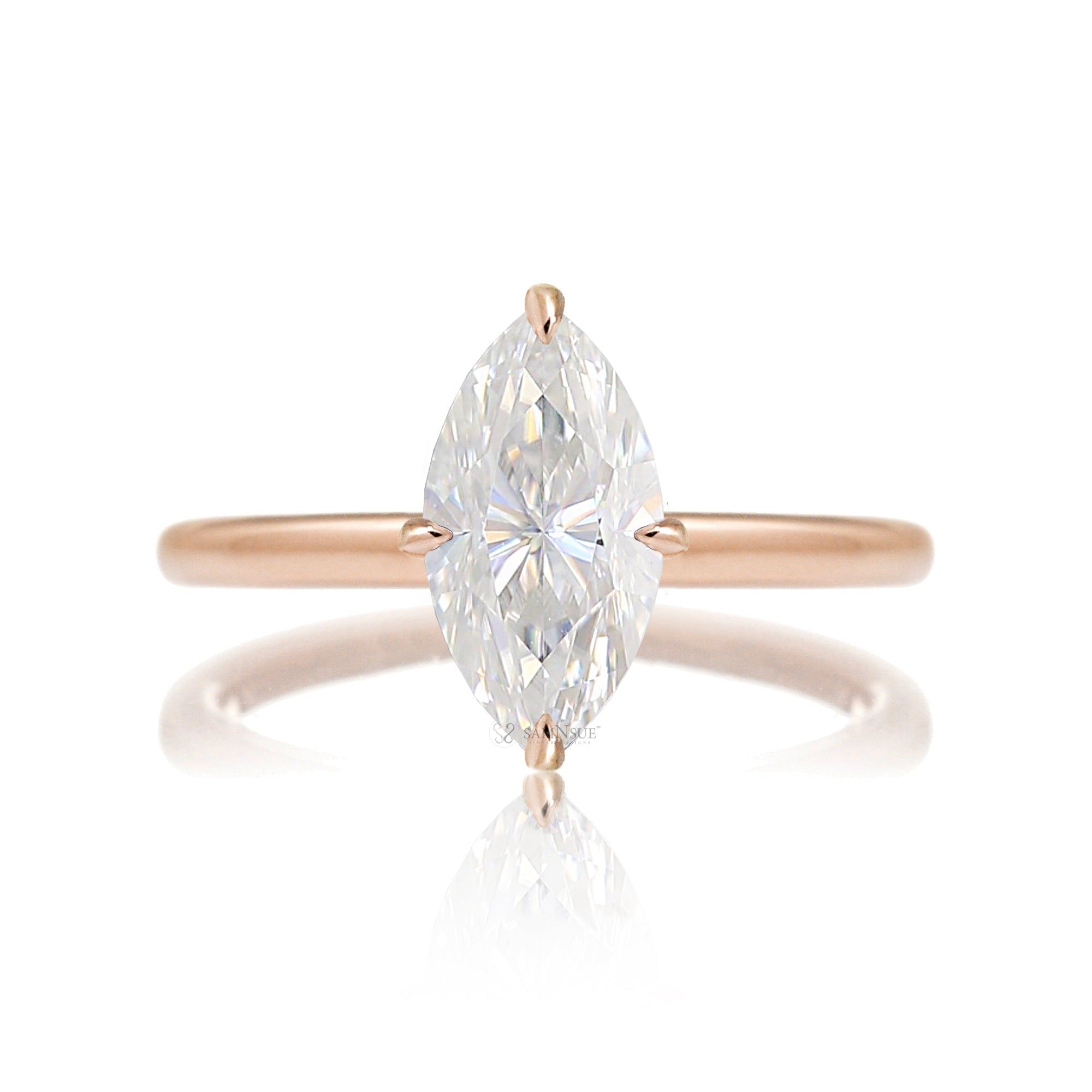 Solitaire marquise cut moissanite ring diamond hidden halo solid band in rose gold