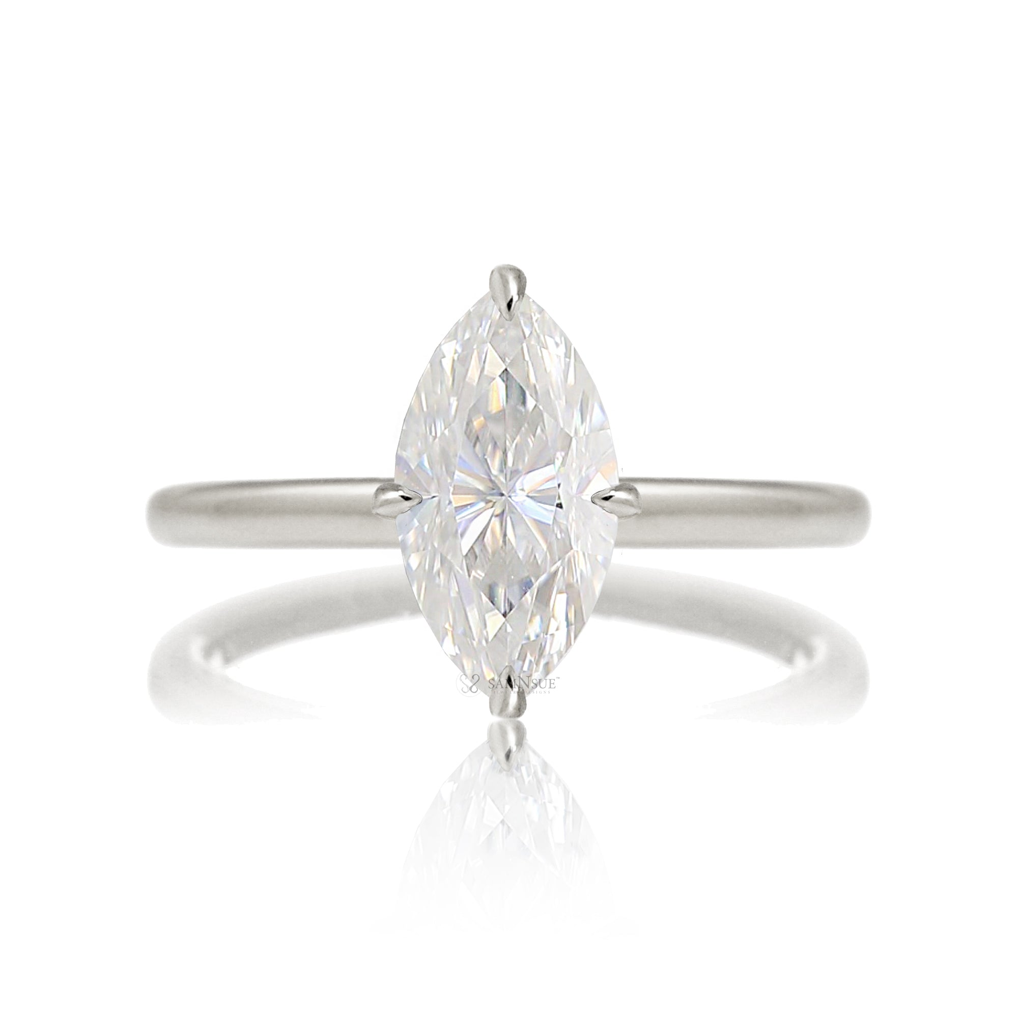 Solitaire marquise cut moissanite ring diamond hidden halo solid band in white gold